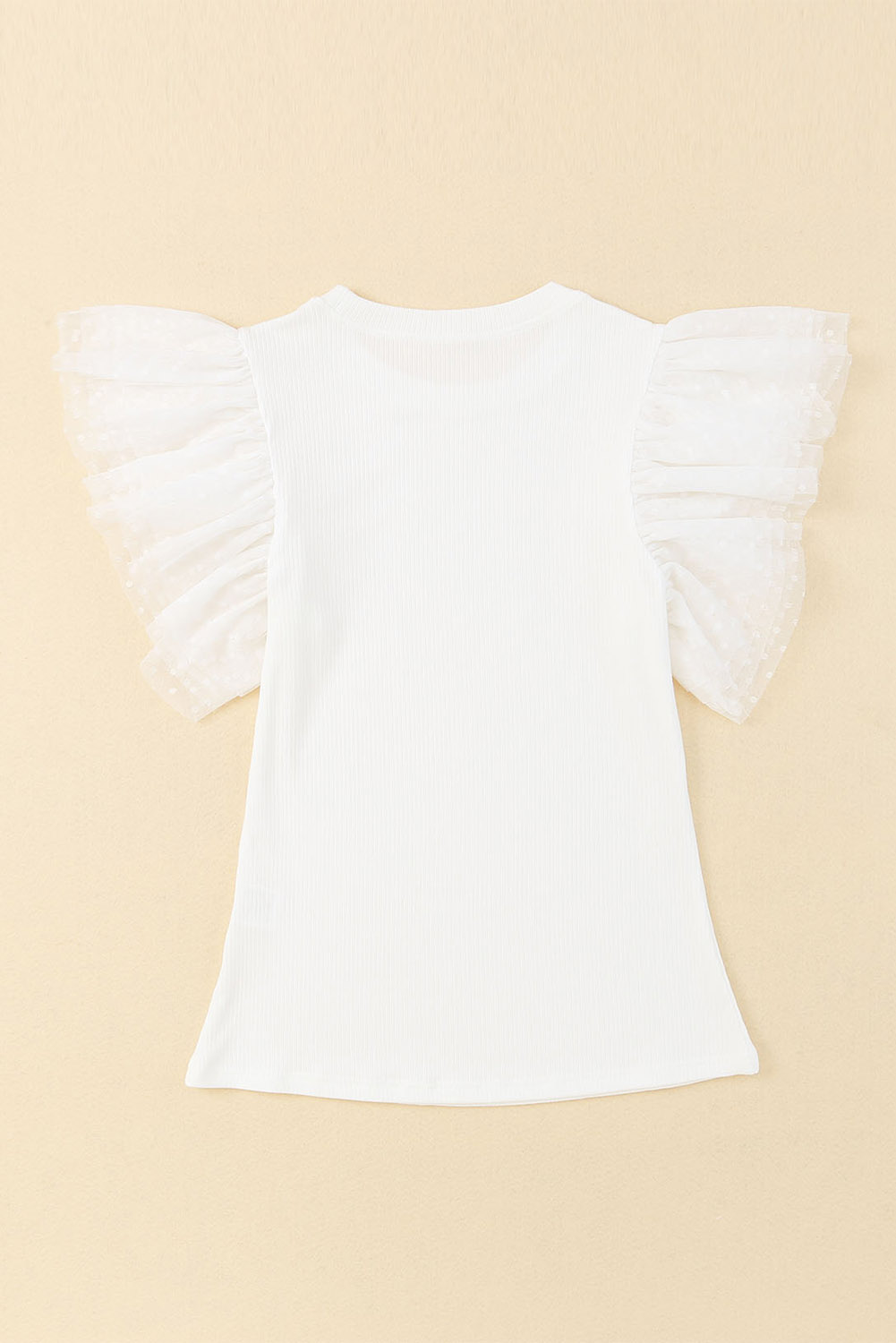 White Dotty Mesh Ruffle Sleeve Ribbed Knit Top