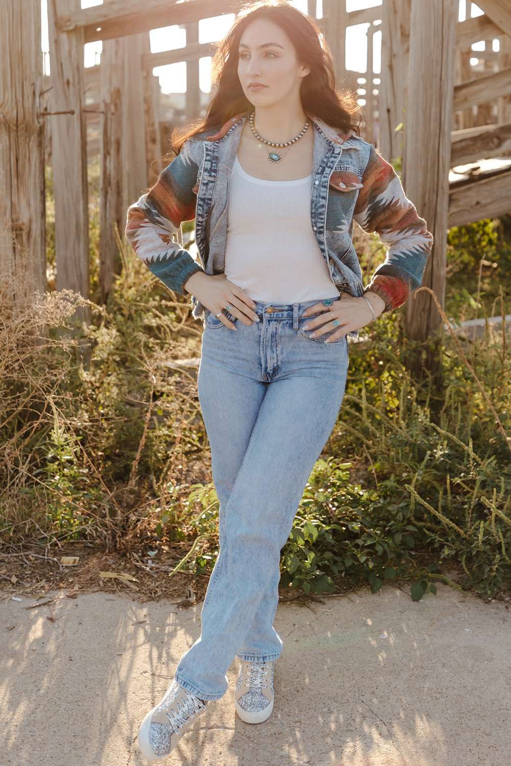 Multicolor Aztec Print Frayed Hem Denim Jacket view 13