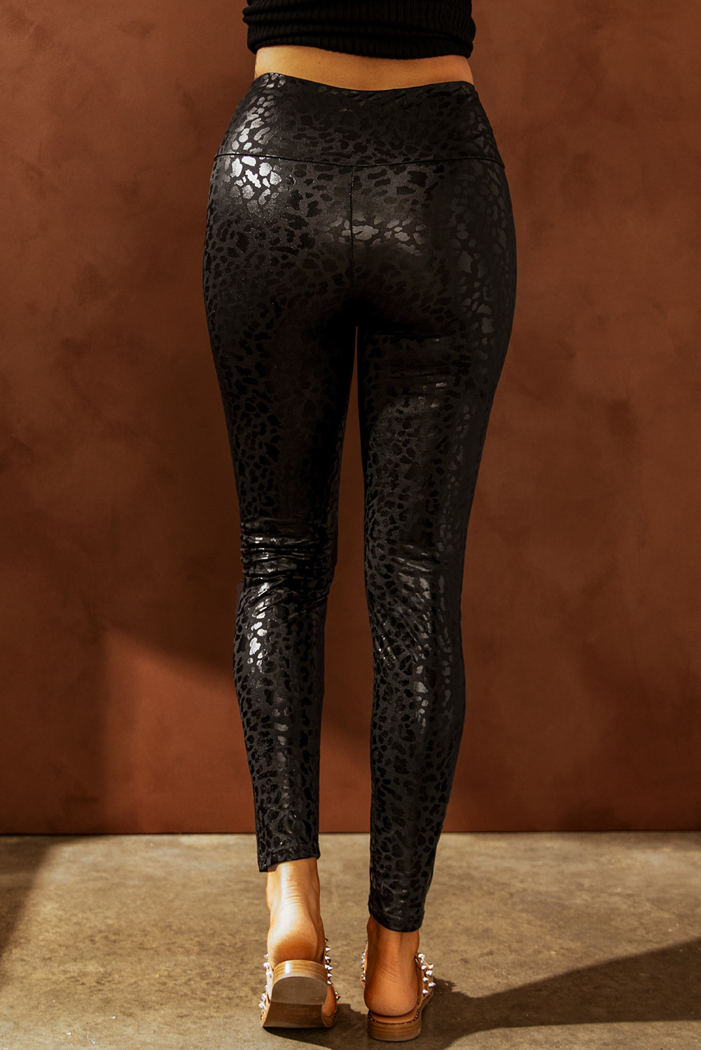Black Shiny Leopard Textured Leggings view 2