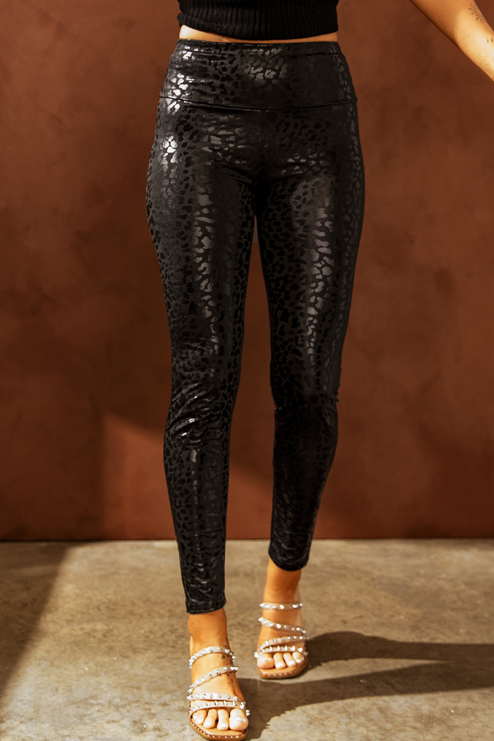 Black Shiny Leopard Textured Leggings view 4
