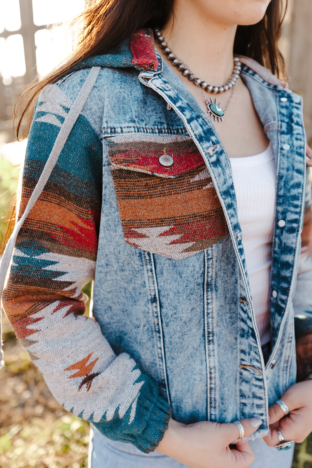 Multicolor Aztec Print Frayed Hem Denim Jacket view 14