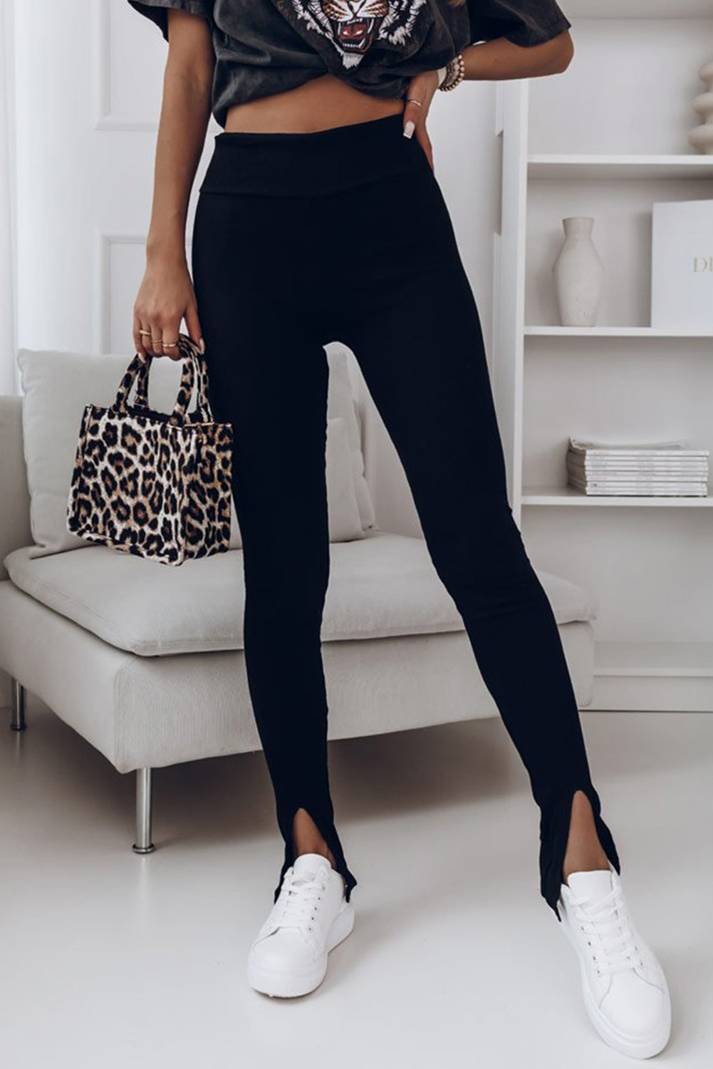 Black Rib Knit High Waist Slit Leggings view 2