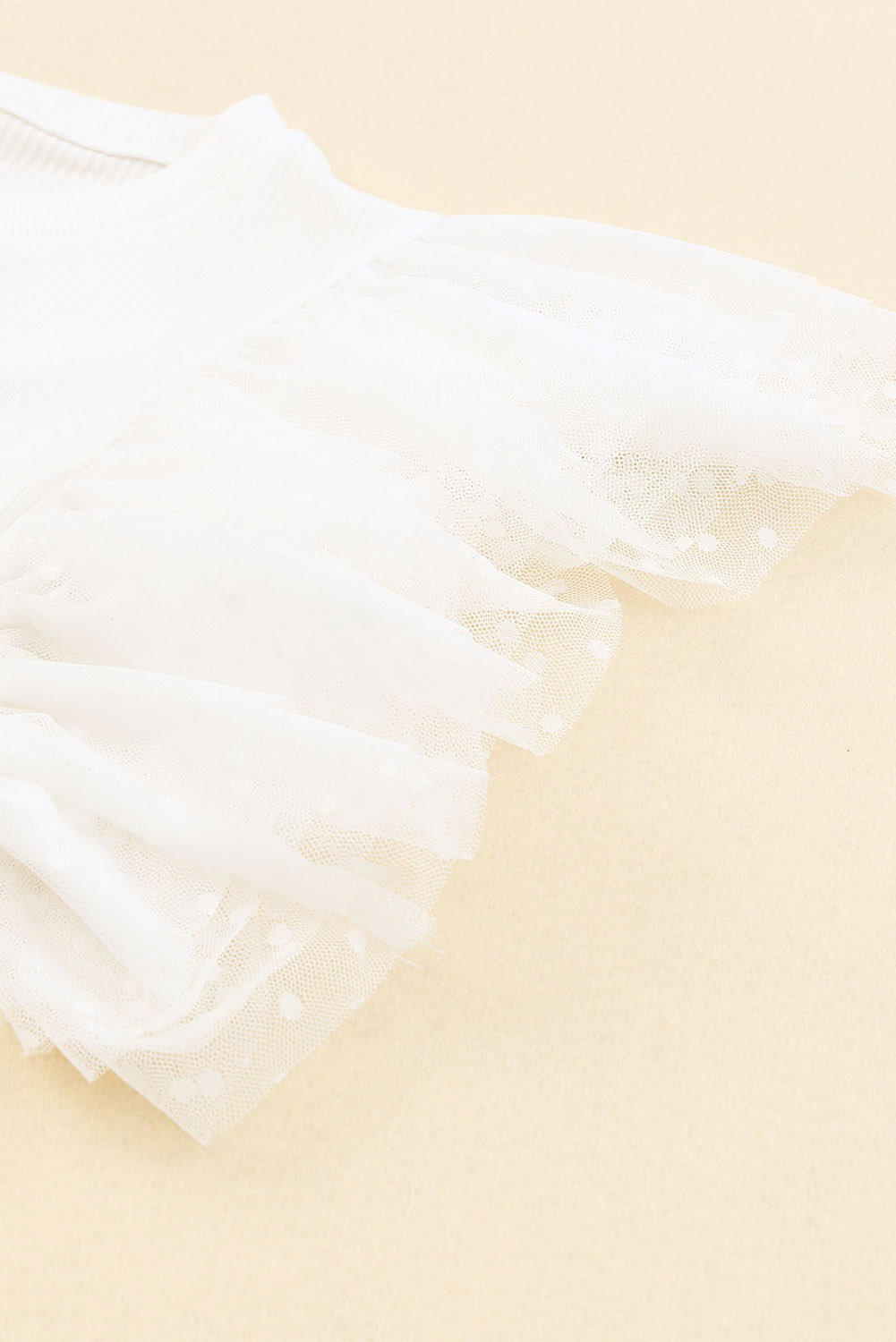 White Dotty Mesh Ruffle Sleeve Ribbed Knit Top