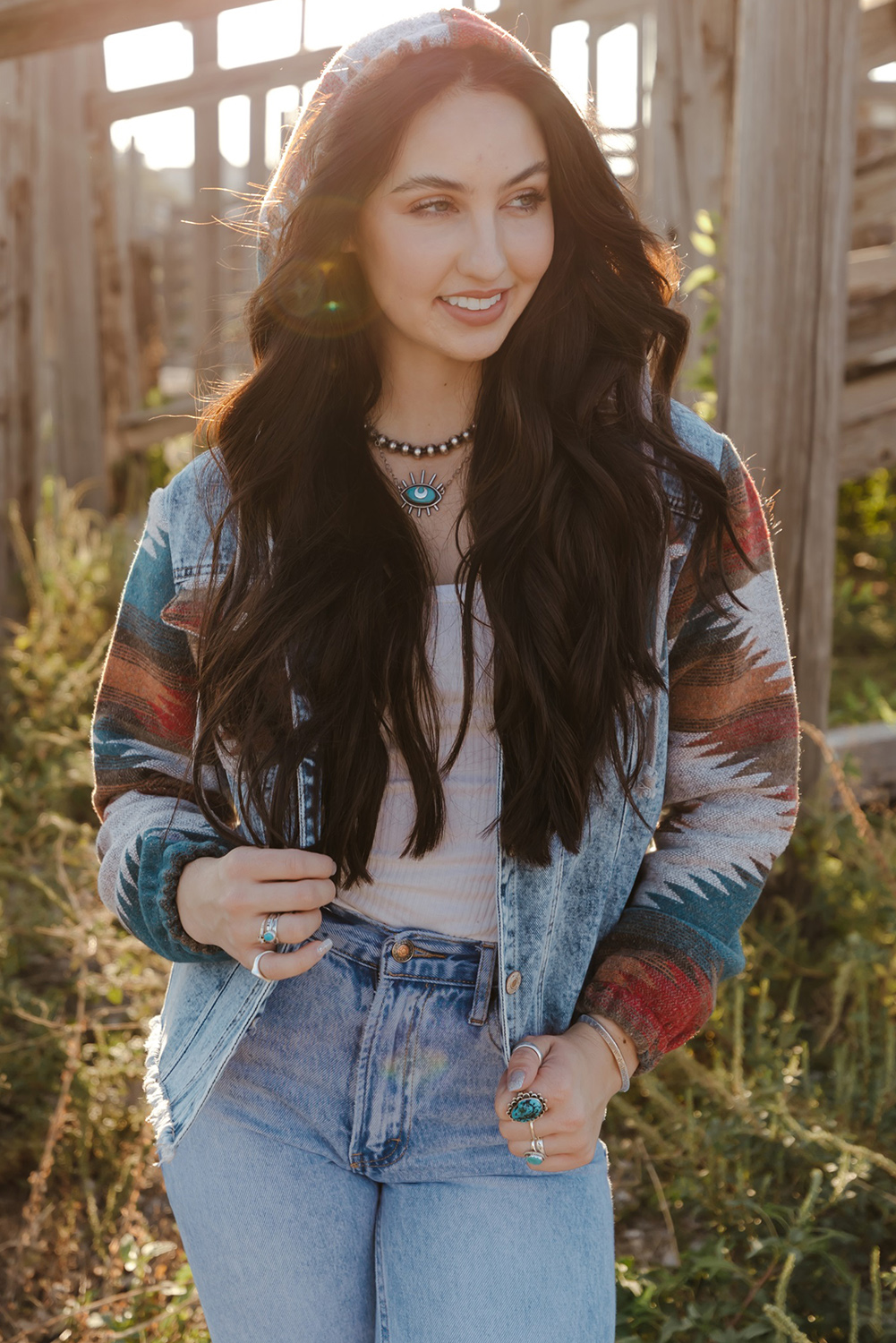 Multicolor Aztec Print Frayed Hem Denim Jacket view 11