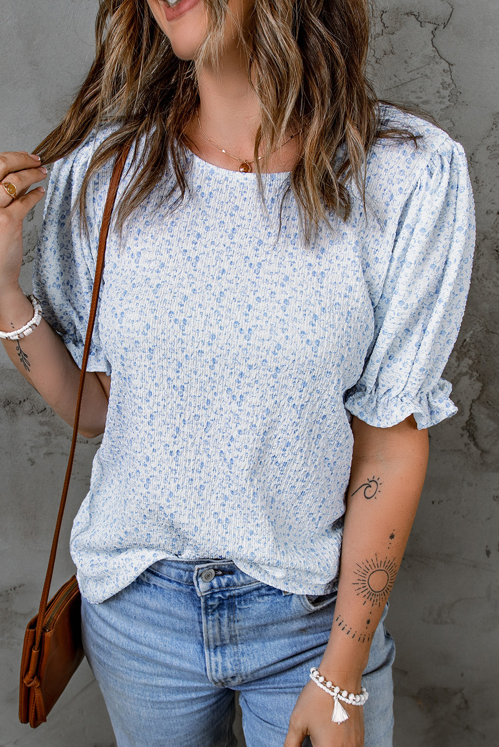 Sky Blue Floral Print Button Up Pleated Detail Puff Sleeve Shirt
