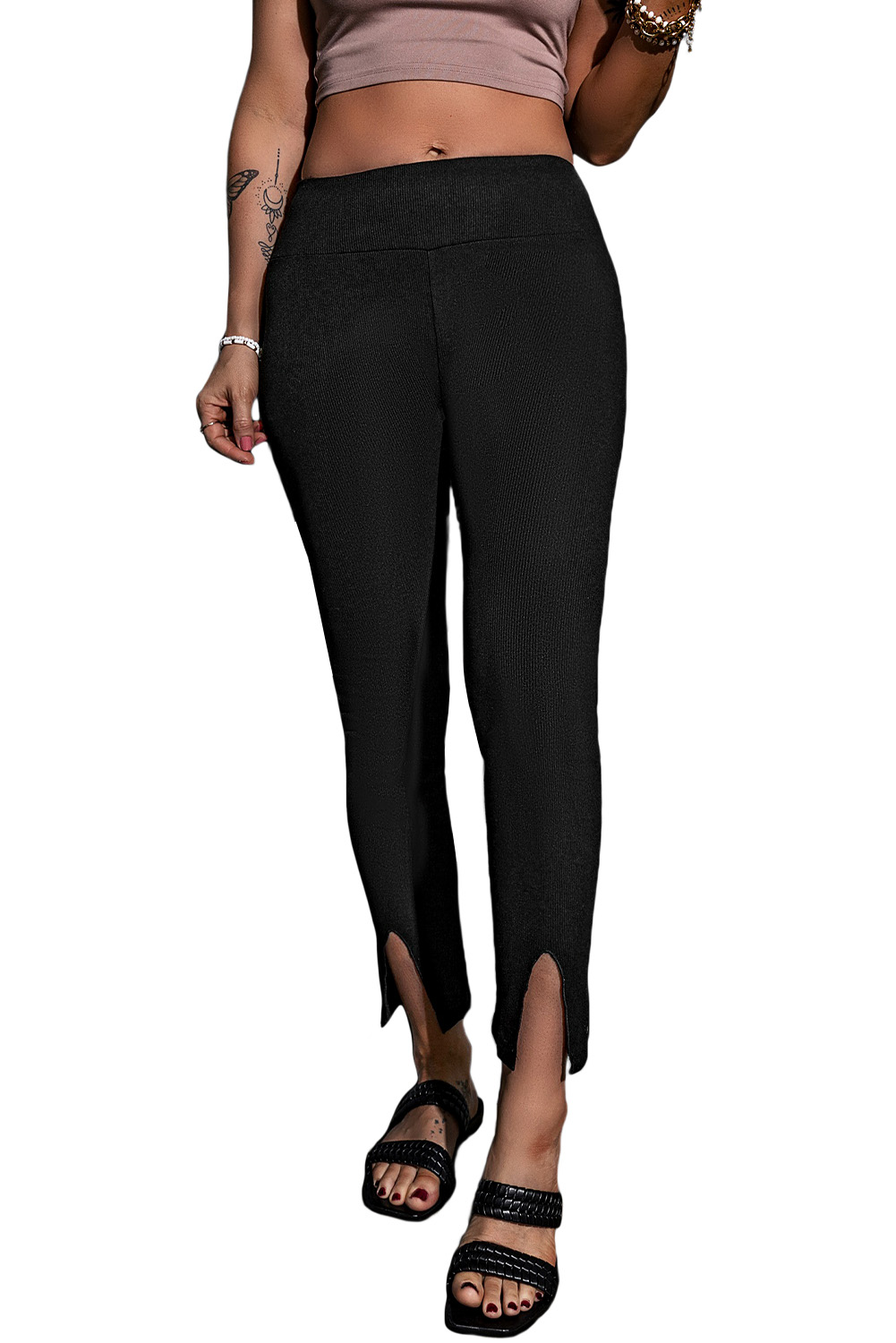 Black Rib Knit High Waist Slit Leggings view 18