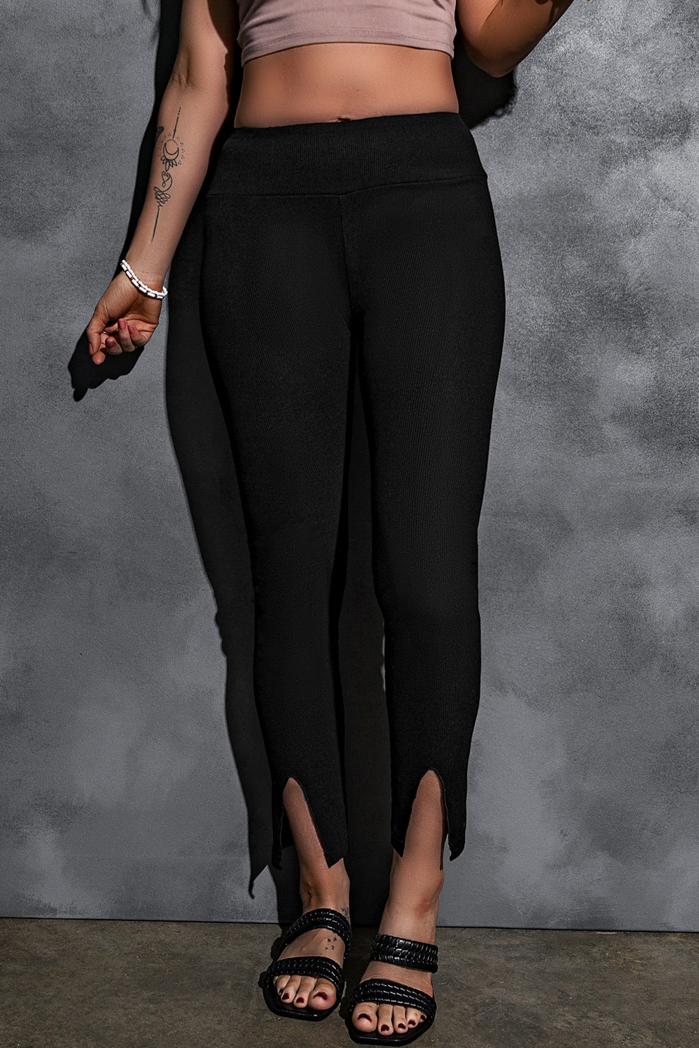 Black Rib Knit High Waist Slit Leggings view 8