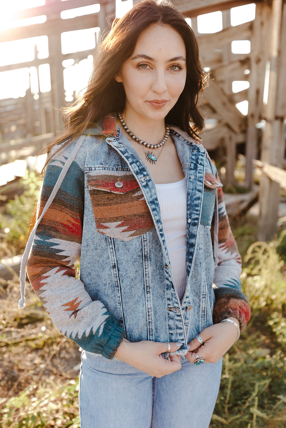 Multicolor Aztec Print Frayed Hem Denim Jacket view 12