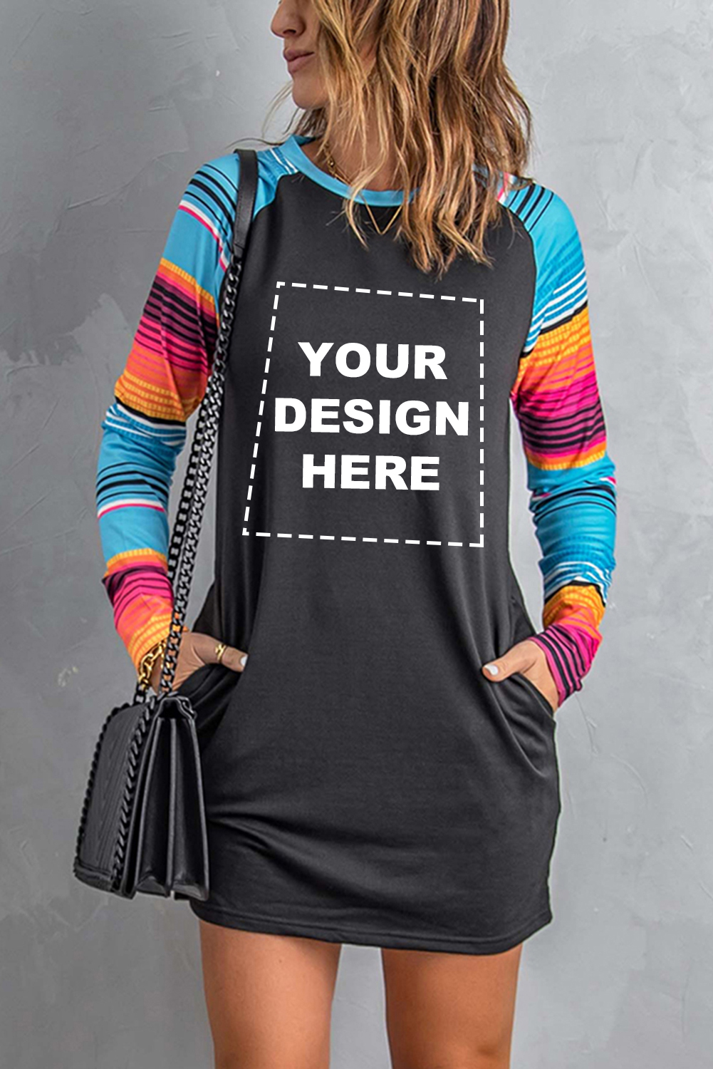 Customized Striped Raglan Long Sleeve Shift Mini Dress Blank Clothing