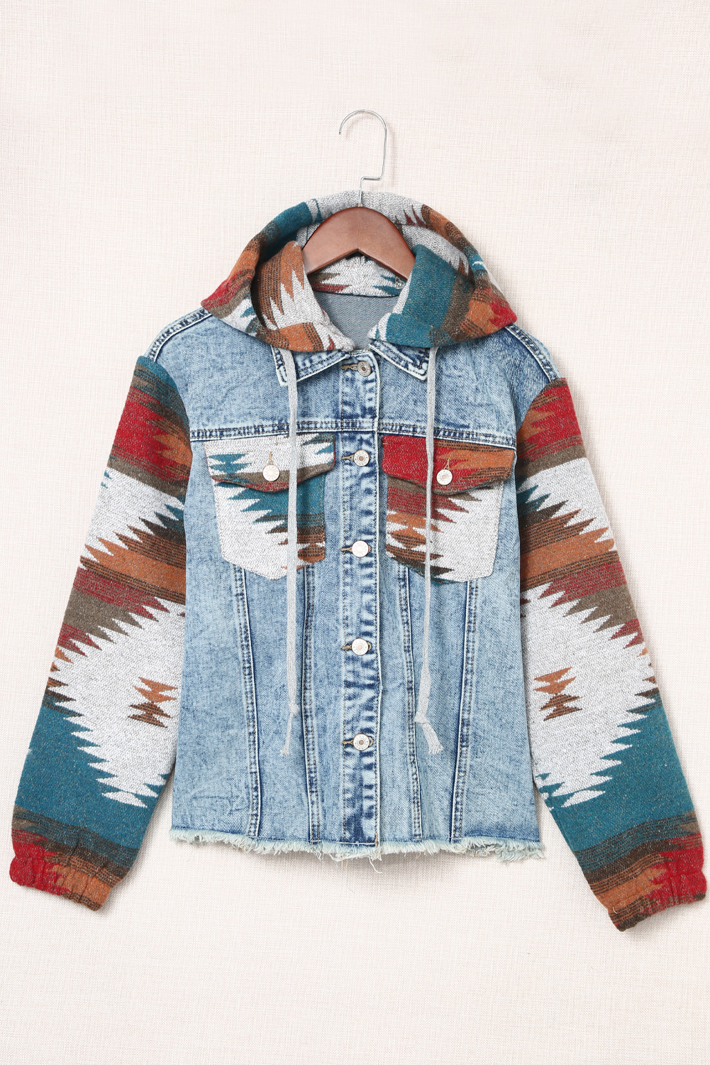 Multicolor Aztec Print Frayed Hem Denim Jacket view 15