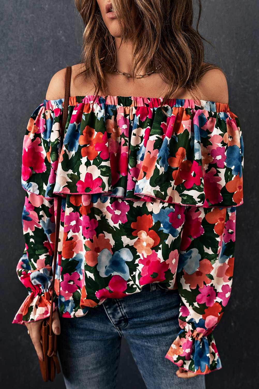 Floral Print One Shoulder Ruched Blouse