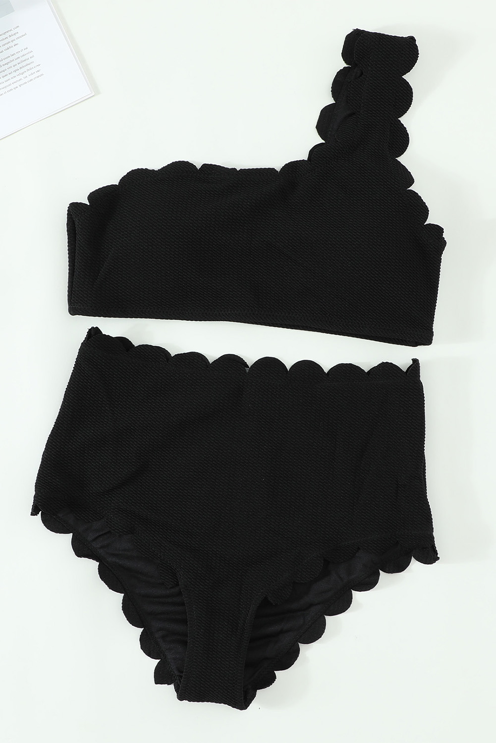 Black Solid Scalloped One-Shoulder Bikini view 13