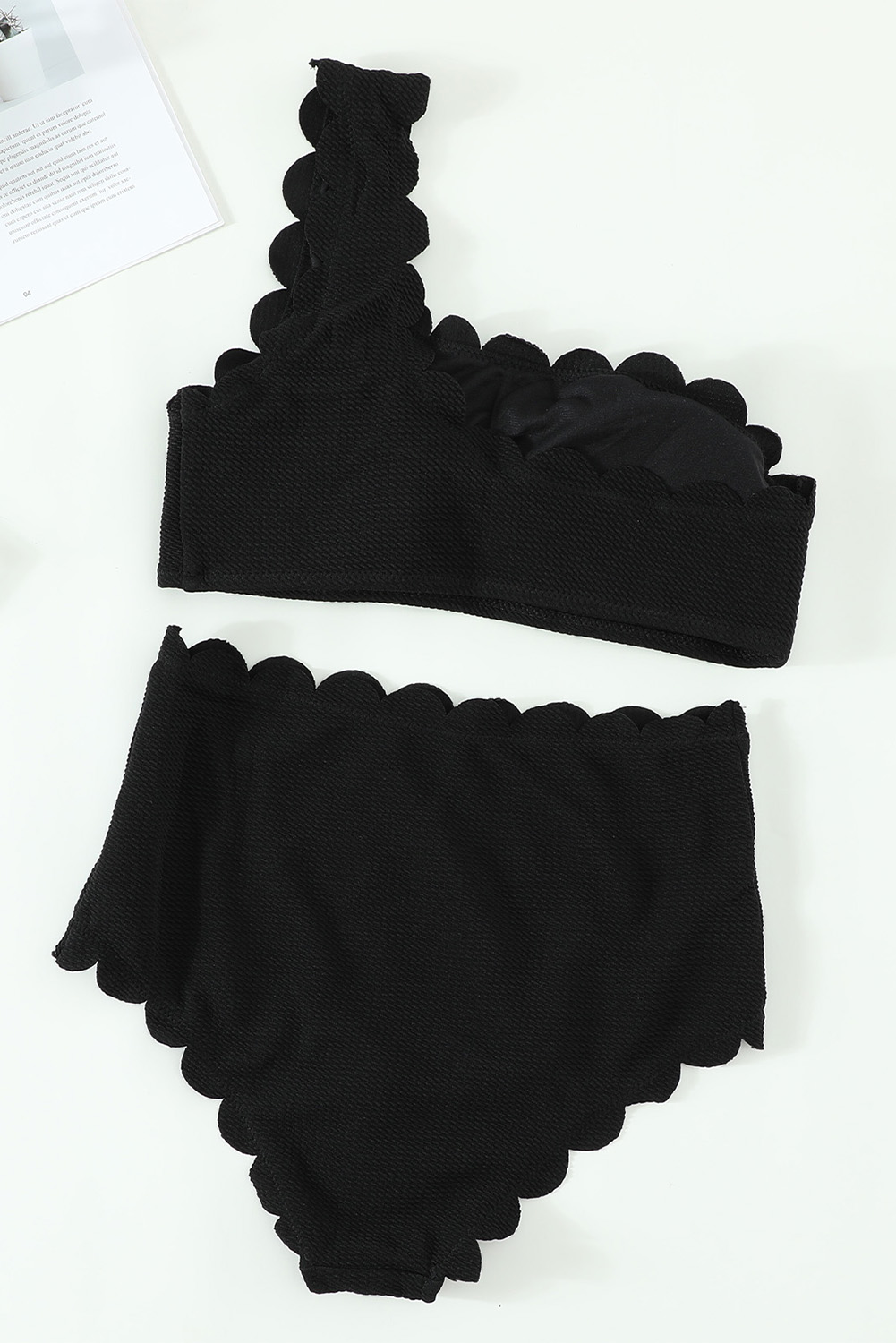 Black Solid Scalloped One-Shoulder Bikini view 12
