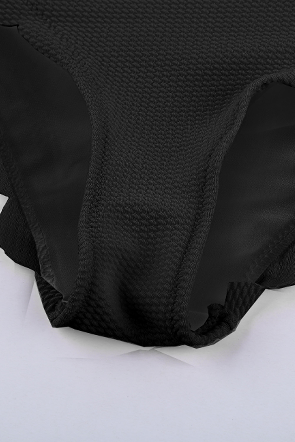Black Solid Scalloped One-Shoulder Bikini view 18