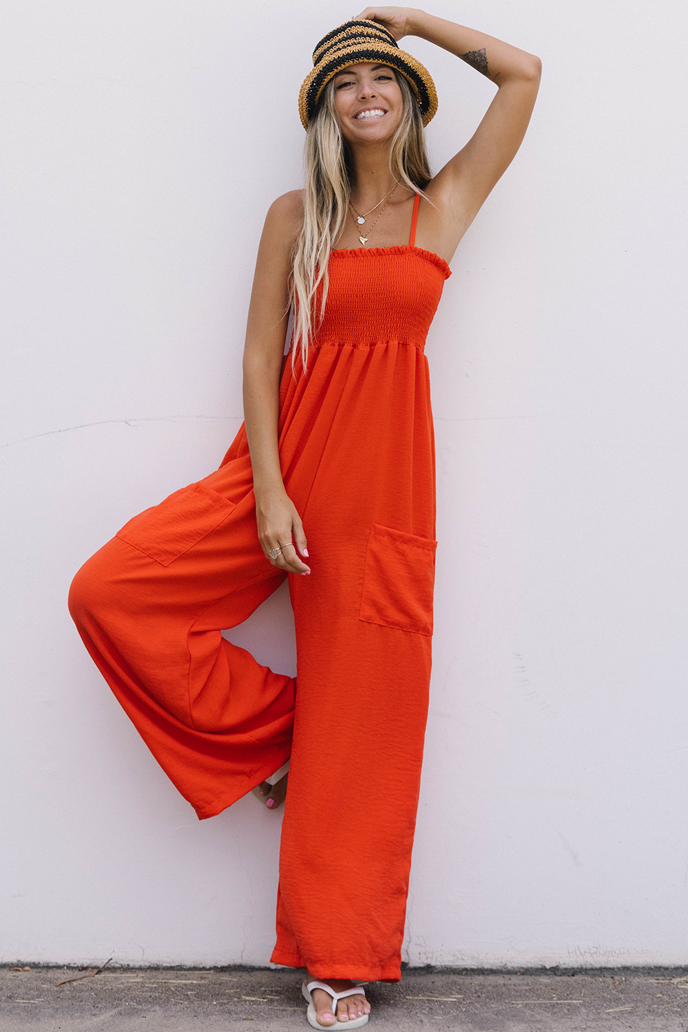 14 78 Orange Smocked Spaghetti Straps Wide Leg Jumpsuit Ds Dear