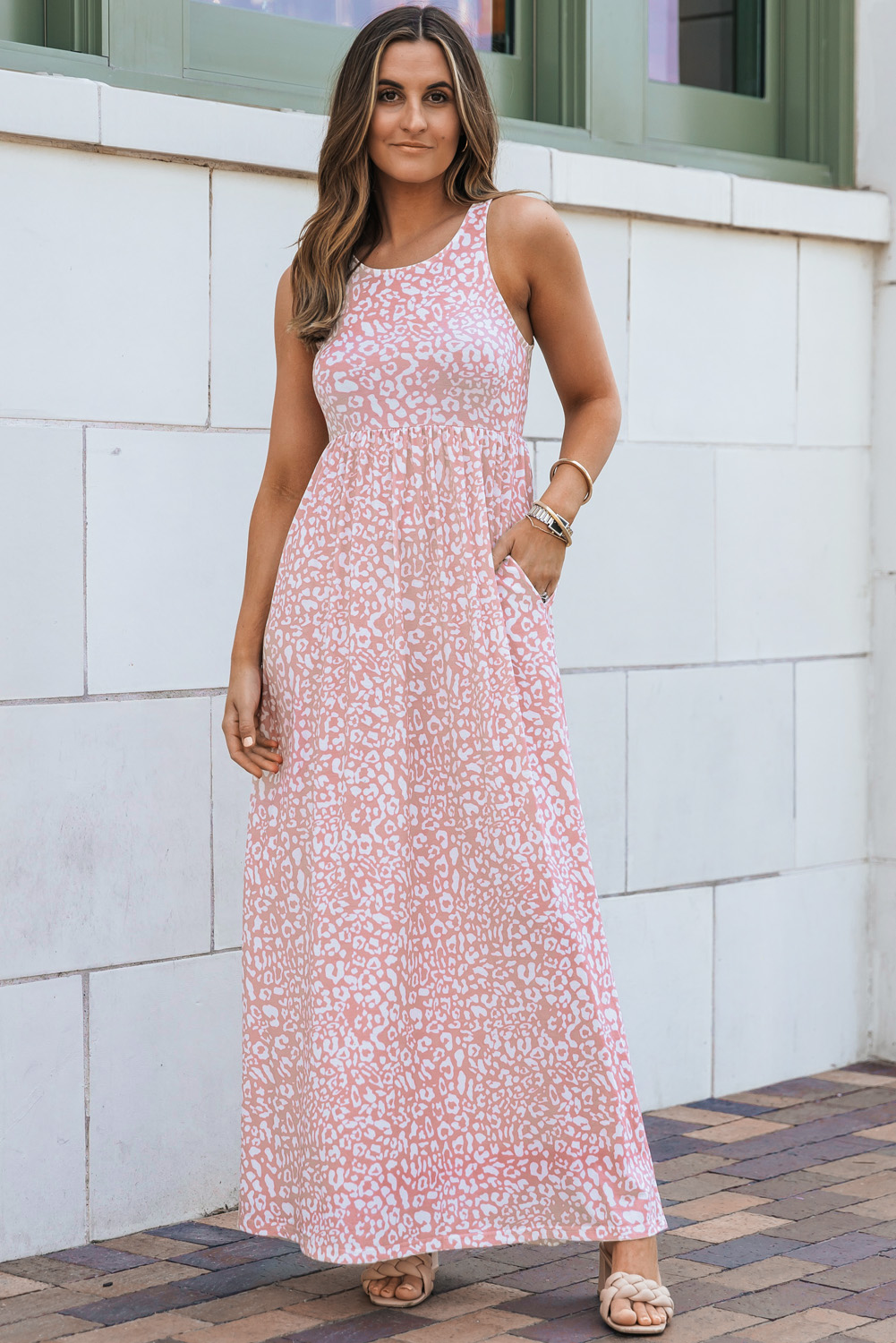 $ 9.9 - Pink Leopard Print Pocketed Sleeveless Maxi Dress - ds.dear-lover.com