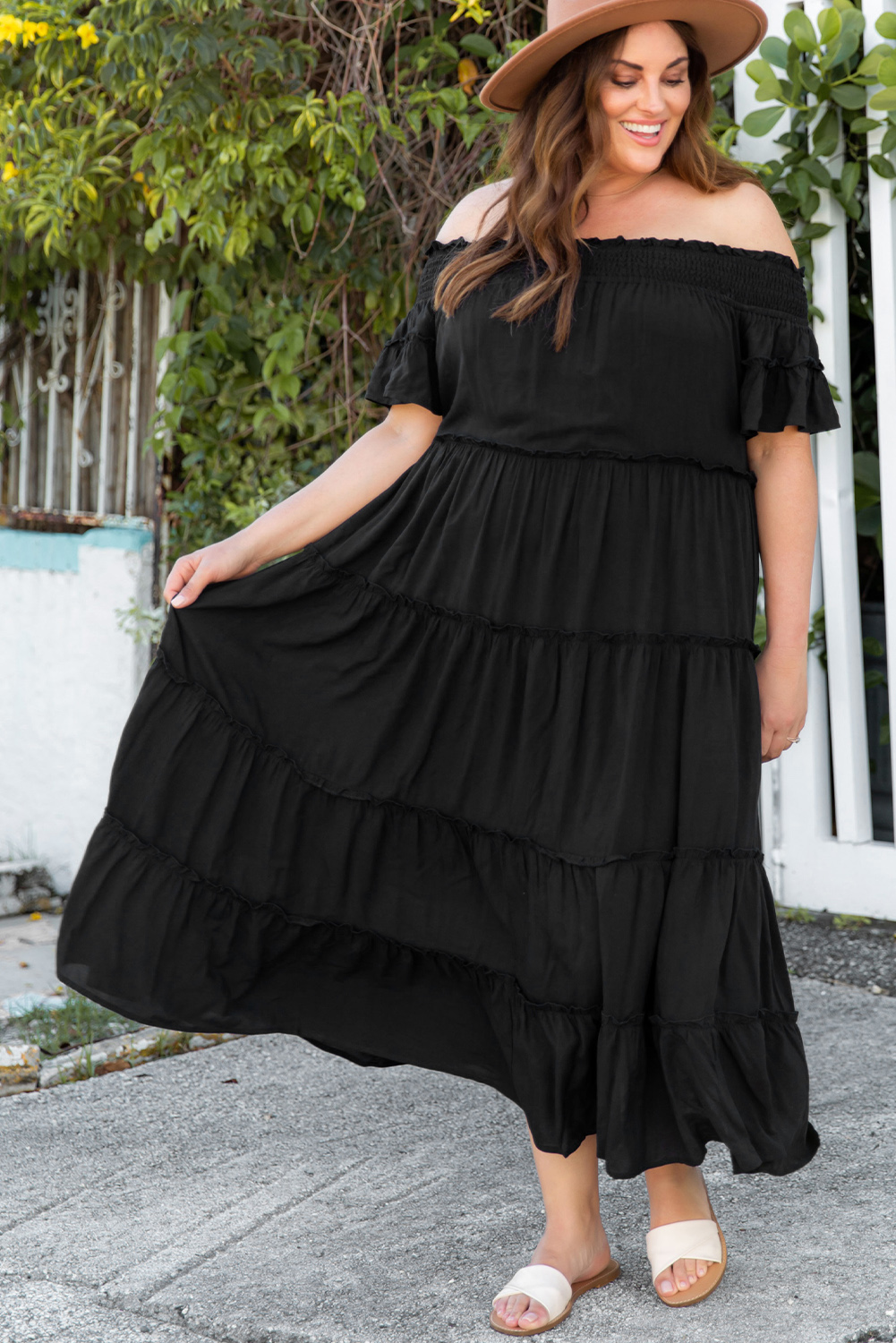 $ 25.35 - Black Plus Size Smocked Off Shoulder Frill Tiered Maxi Dress ...