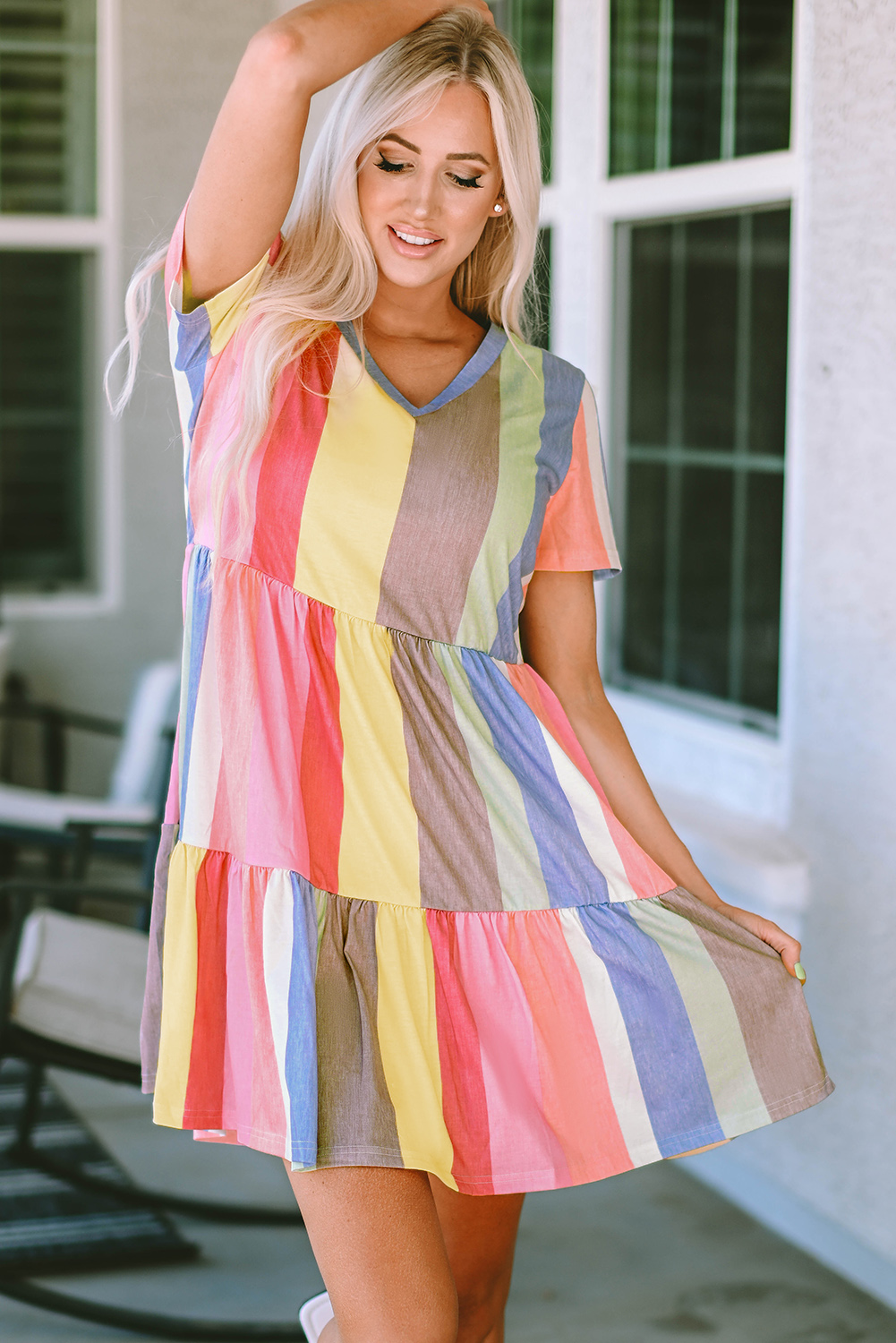 $ 9.3 - Multicolor Stripe Color Block Ruffled T-shirt Dress - ds.dear ...