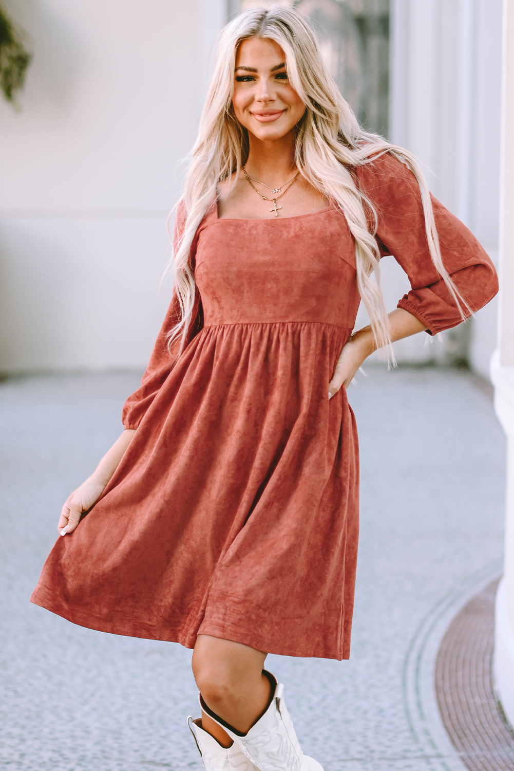 $ 12.44 - Brown Suede Square Neck Puff Sleeve Dress - ds.dear-lover.com