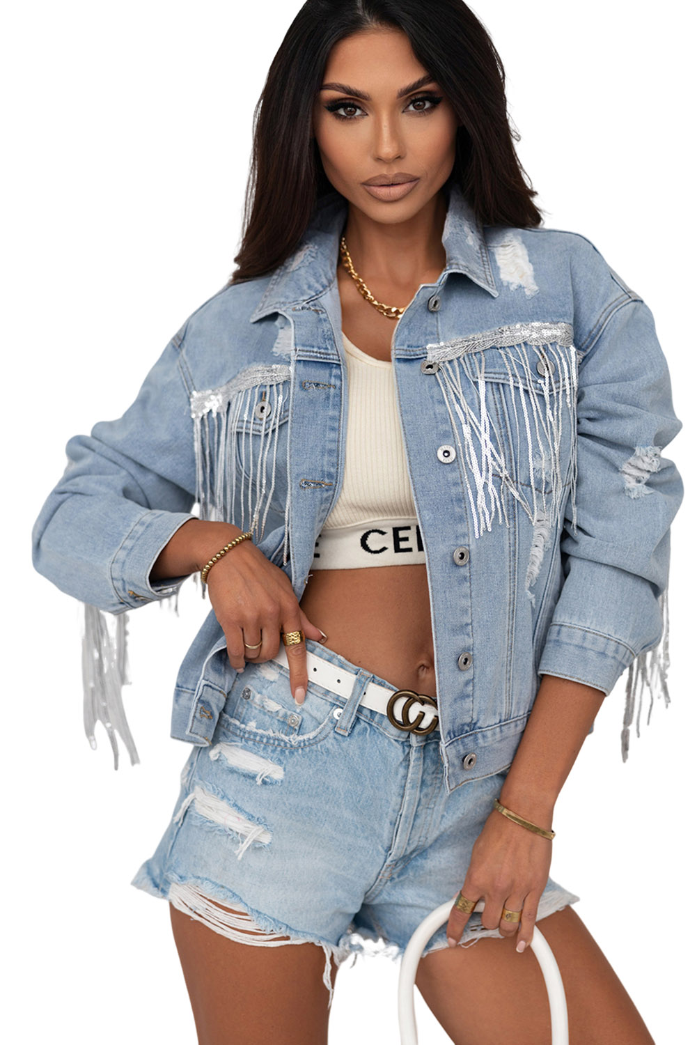 Sky Blue Sequin Embellished Fringe Distressed Denim Jacket view 28