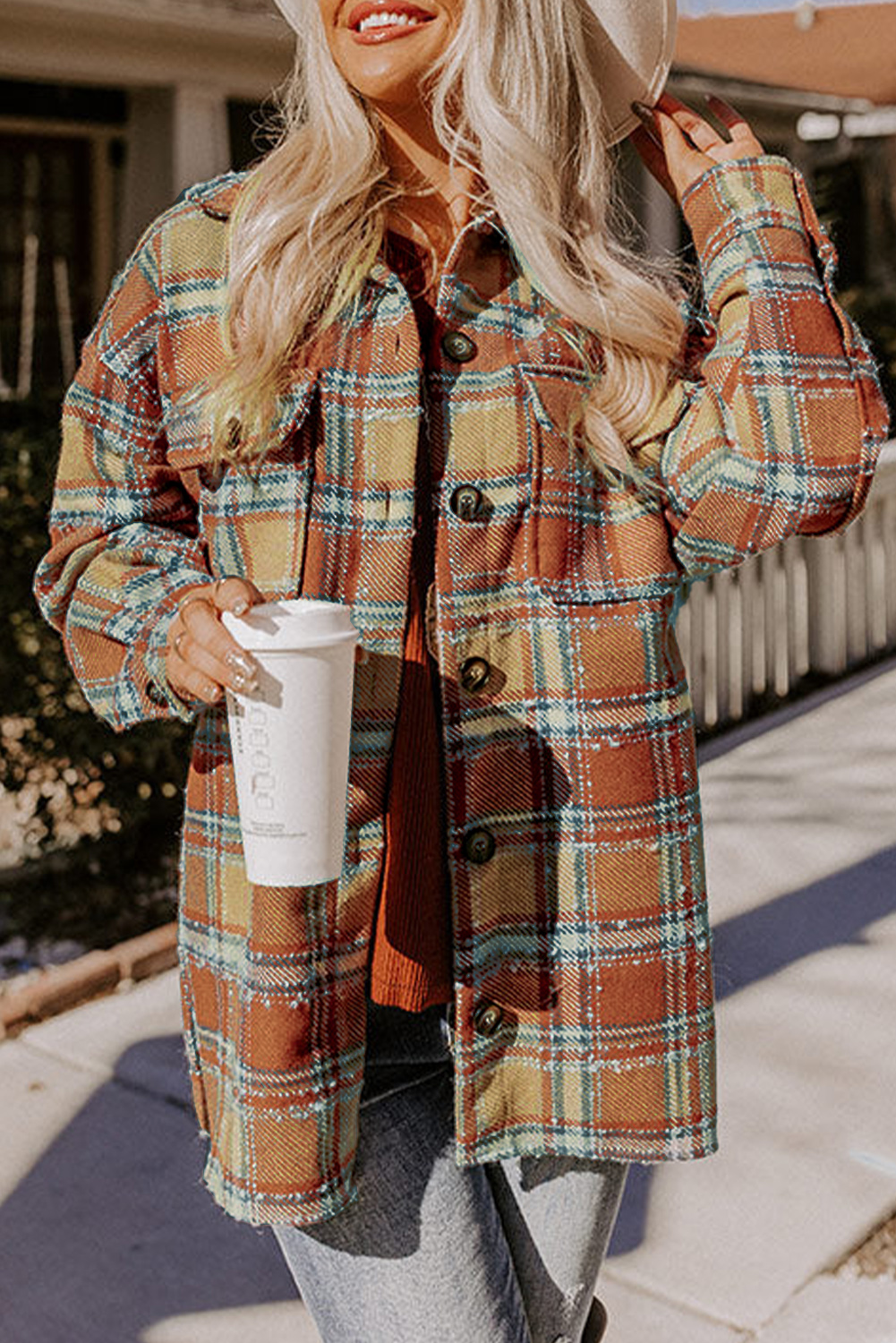 Plaid Collared Neck Flap Pockets Shacket