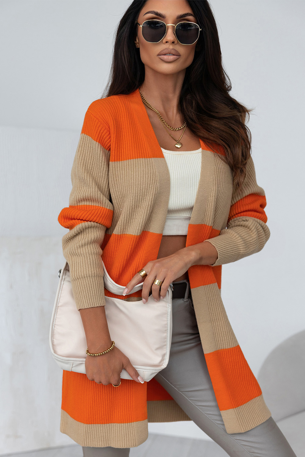 $ 18.6 - Orange Colorblock Ribbed Knit Cardigan - ds.dear-lover.com