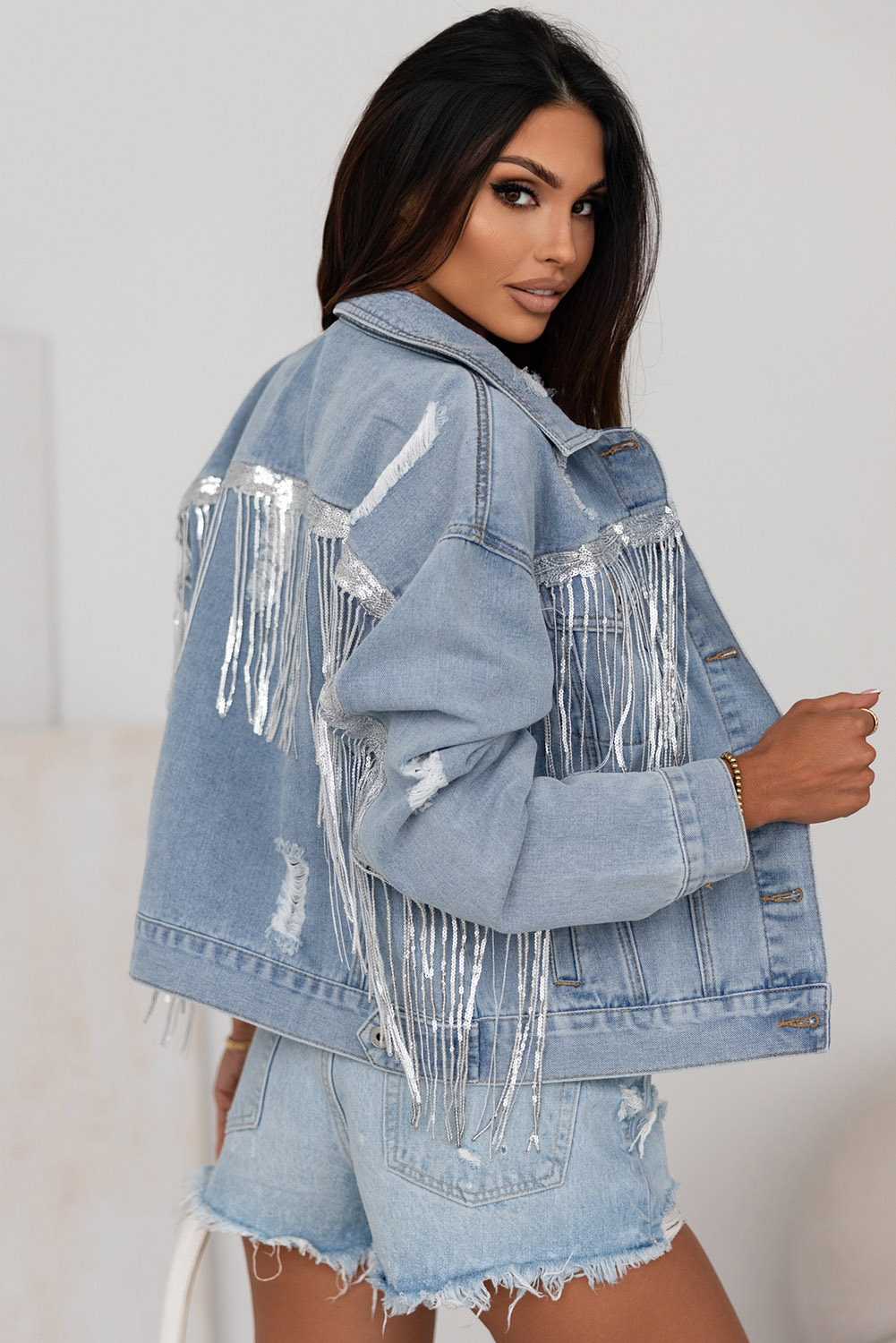 Sky Blue Sequin Embellished Fringe Distressed Denim Jacket view 8