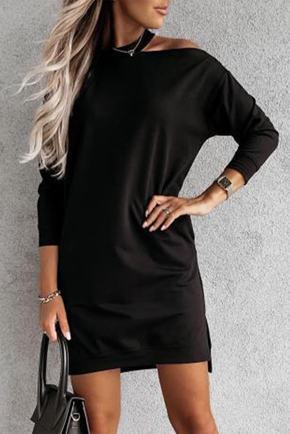 $ 11.15 - Black Single Cold Shoulder T-shirt Dress with Slits - ds.dear ...