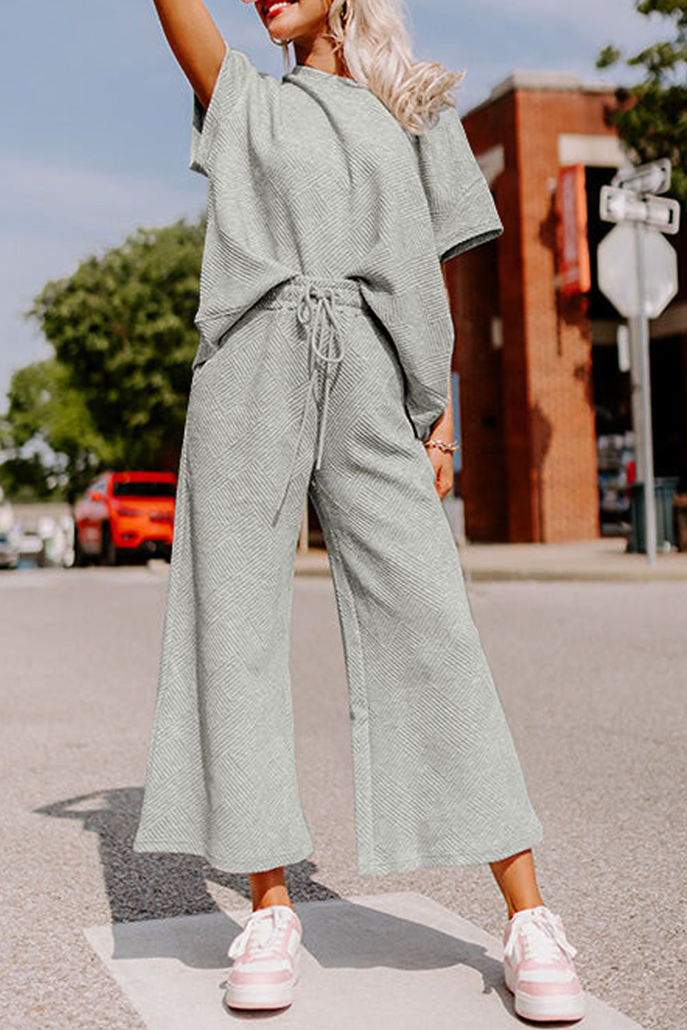 Textured Long Sleeve Top and Drawstring Pants Set main image 0