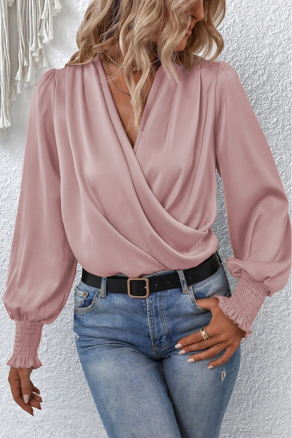 $ 8.54 - Pink Solid Surplice Neck Shirred Cuffs Draped Blouse - ds.dear ...