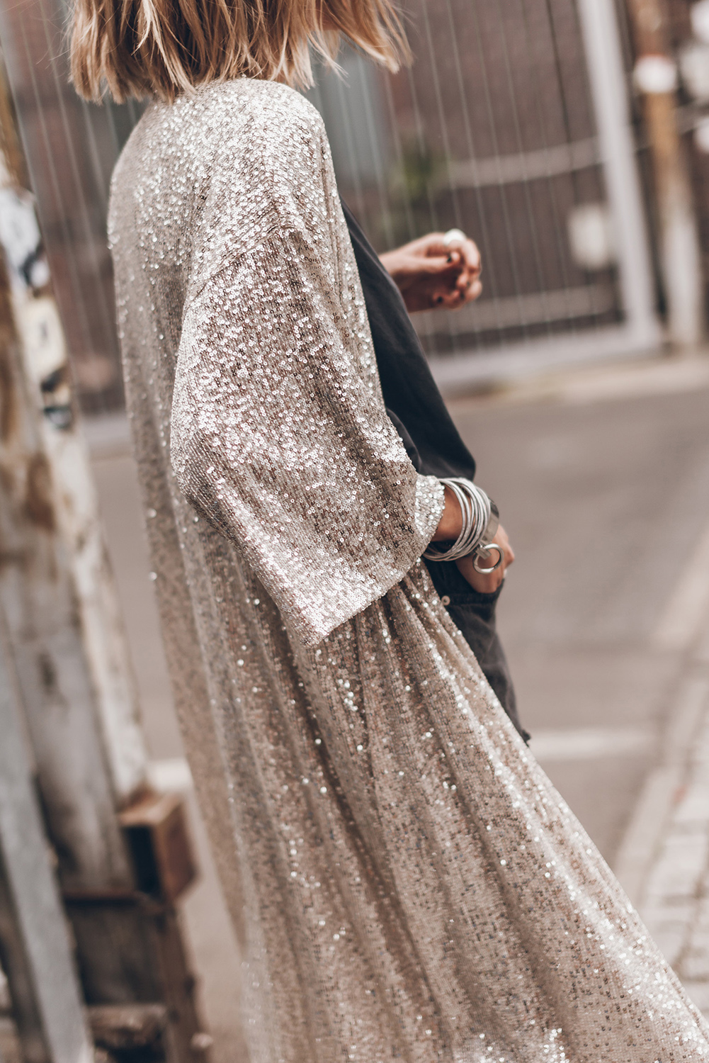Apricot Sequin 3/4 Sleeve Open Front Duster Kimono view 4