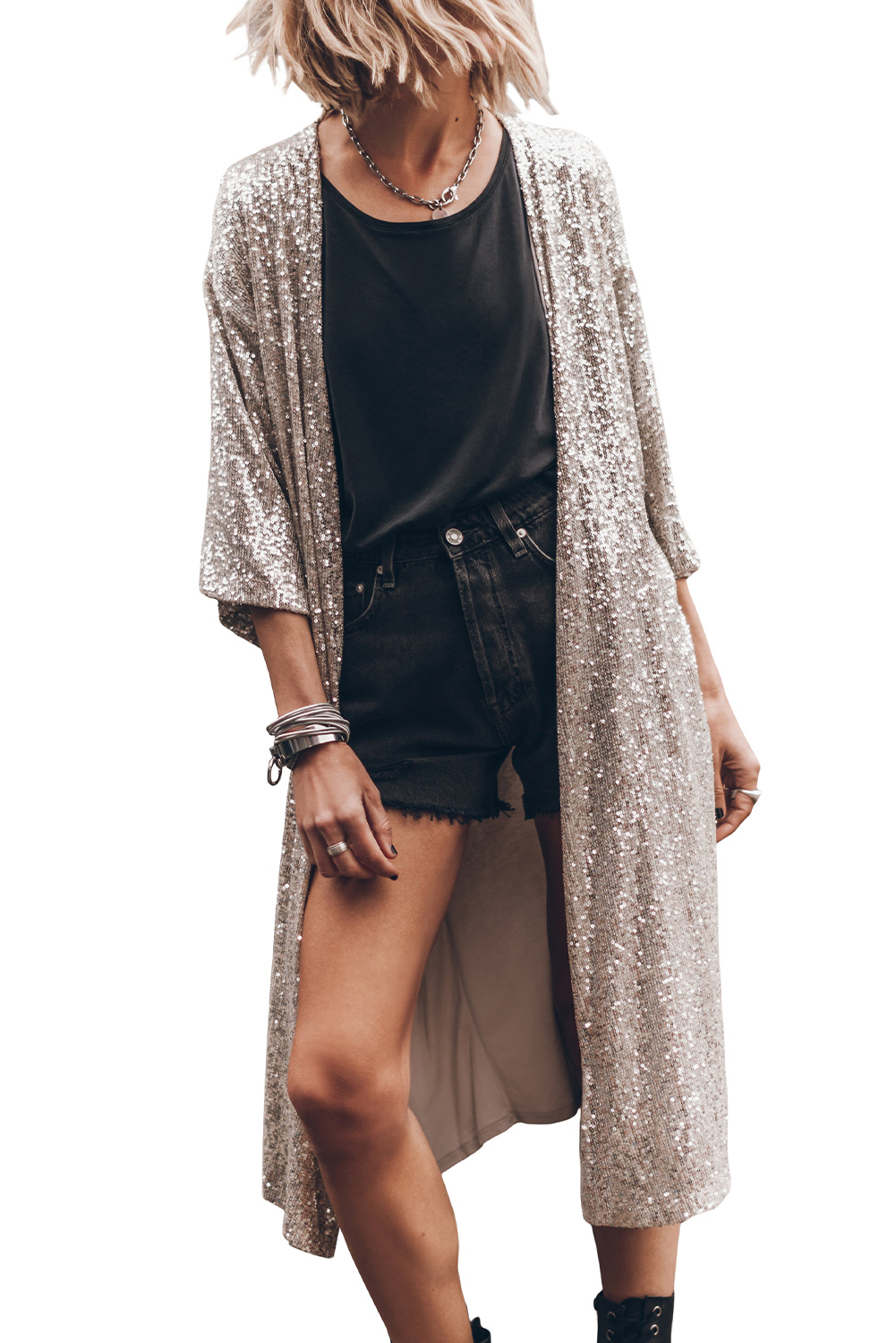 Apricot Sequin 3/4 Sleeve Open Front Duster Kimono view 17