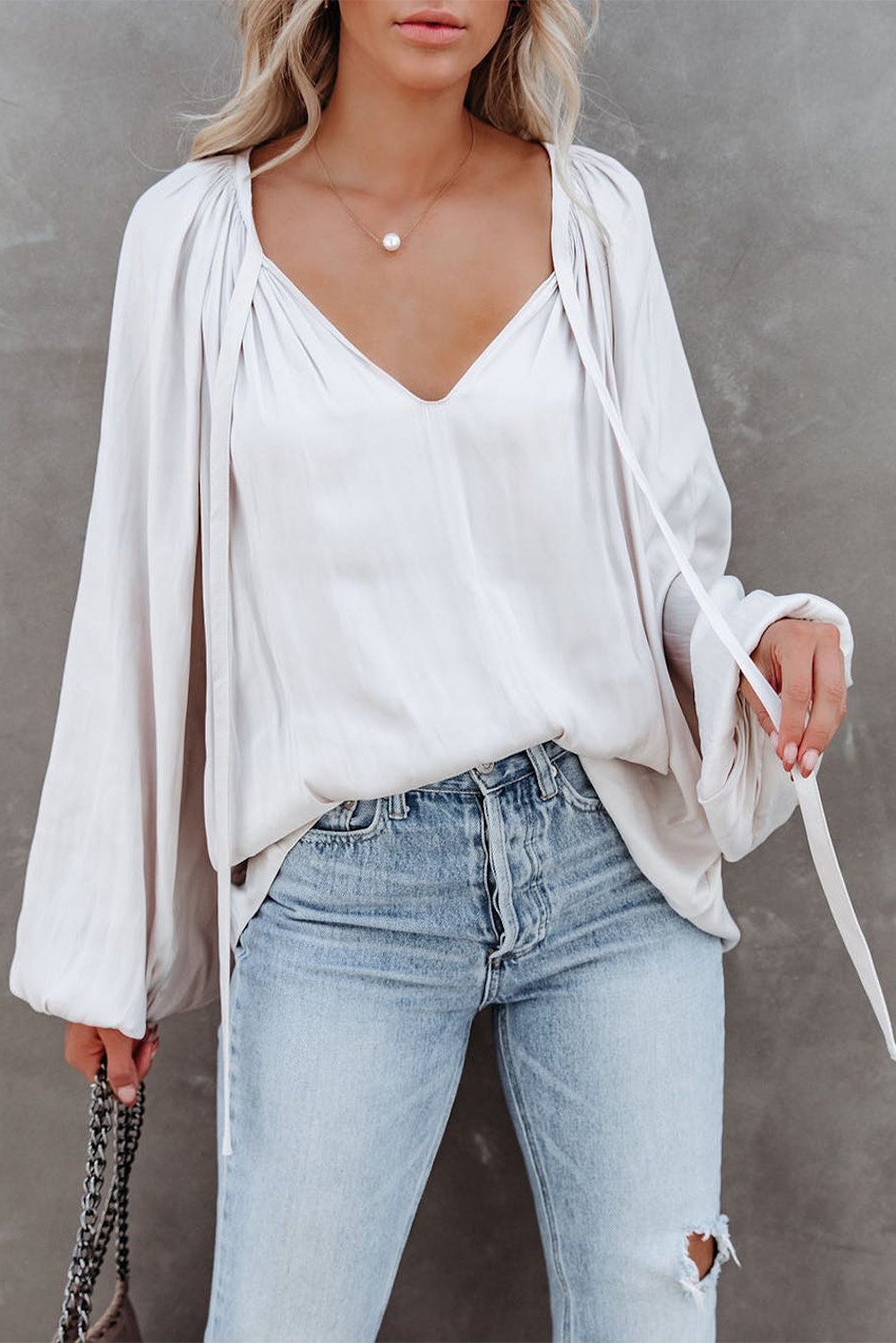 Satin Puff Sleeve High Neck Blouse with Side Sash Tie main image 1