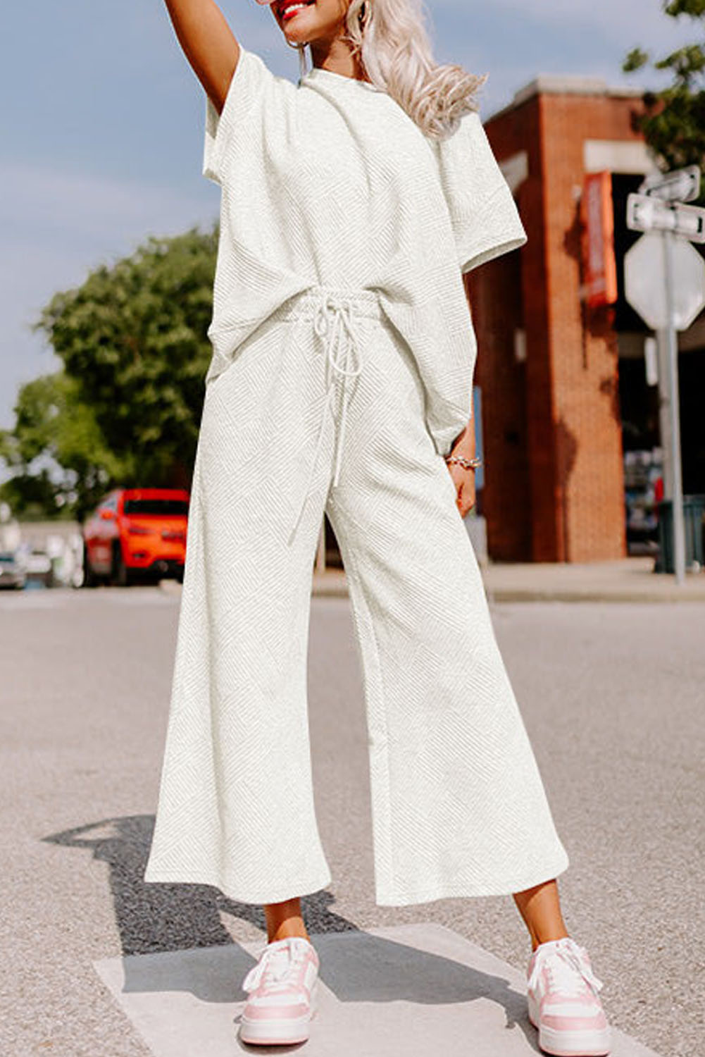 $ 18.38 - White Textured Loose Fit T Shirt and Drawstring Pants Set ...