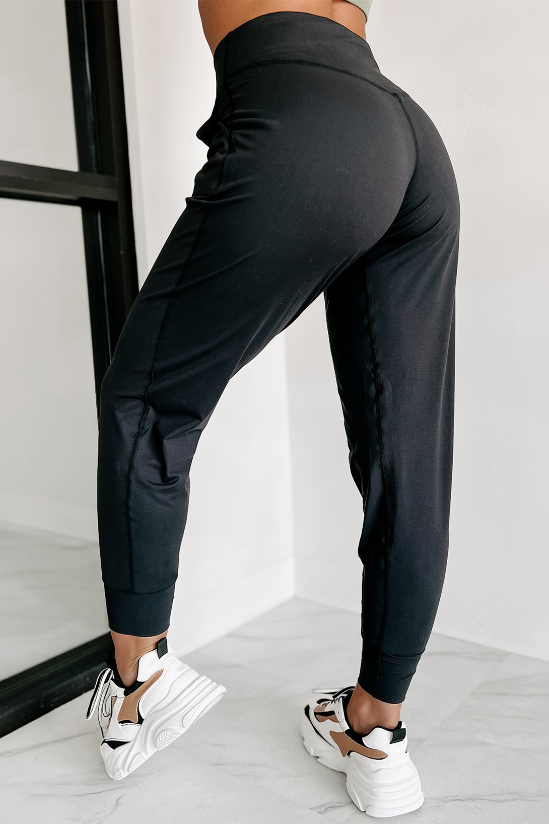 Black Exposed Seam High Waist Pocketed Joggers view 2