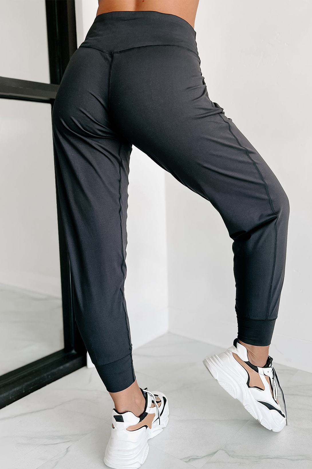 Black Exposed Seam High Waist Pocketed Joggers view 3