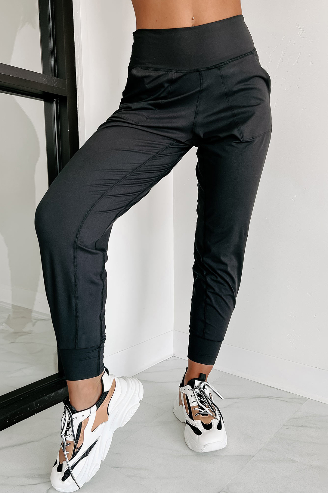 Black Exposed Seam High Waist Pocketed Joggers view 4