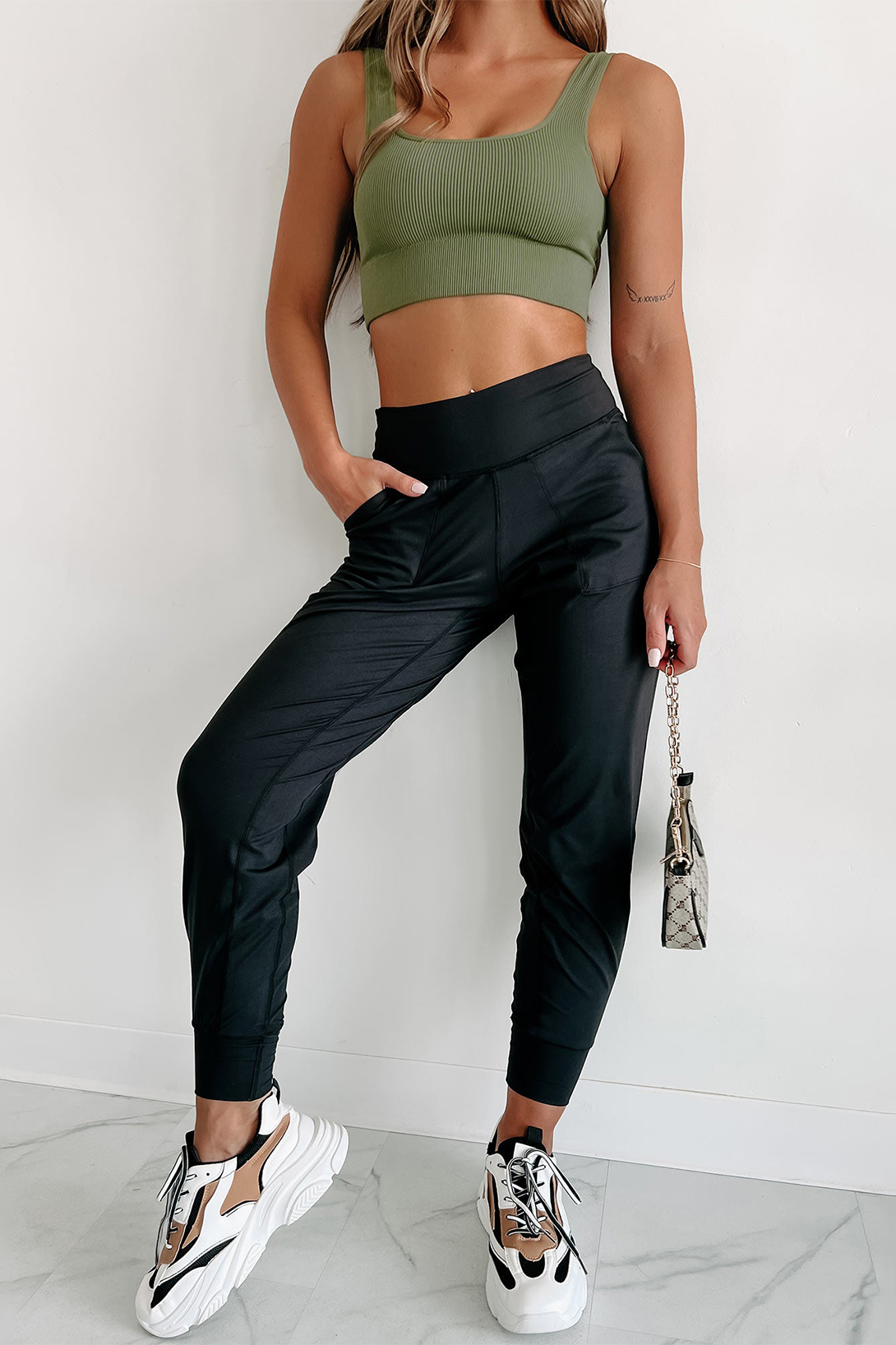 Black Exposed Seam High Waist Pocketed Joggers view 5
