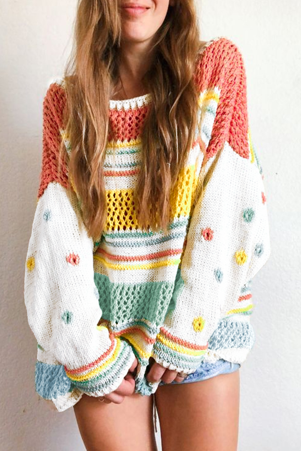 $ 13.95 - Multicolor Hollow Striped Knit Contrast Sleeve Sweater - ds ...