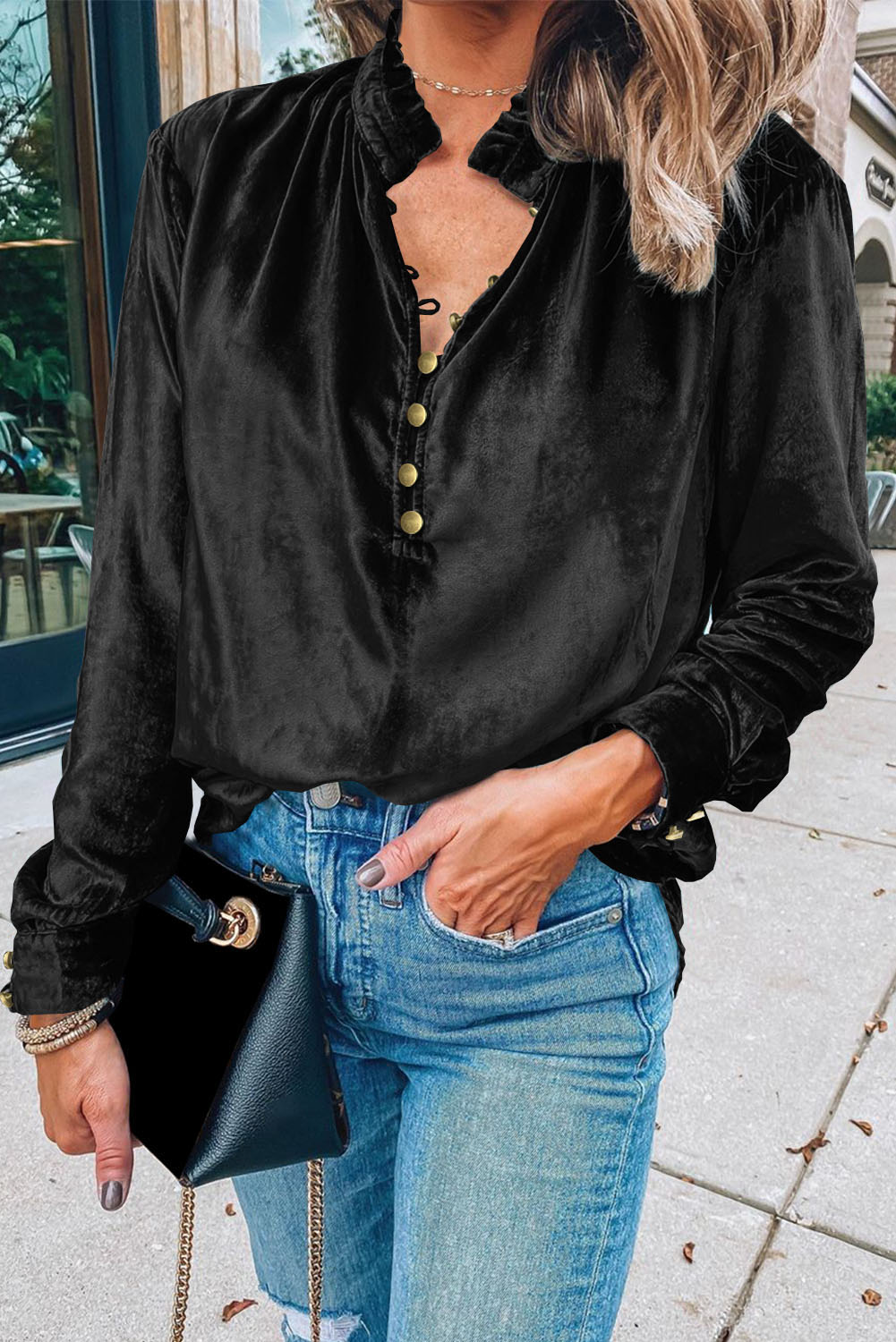 Solid Button Front Velvet Top main image 0