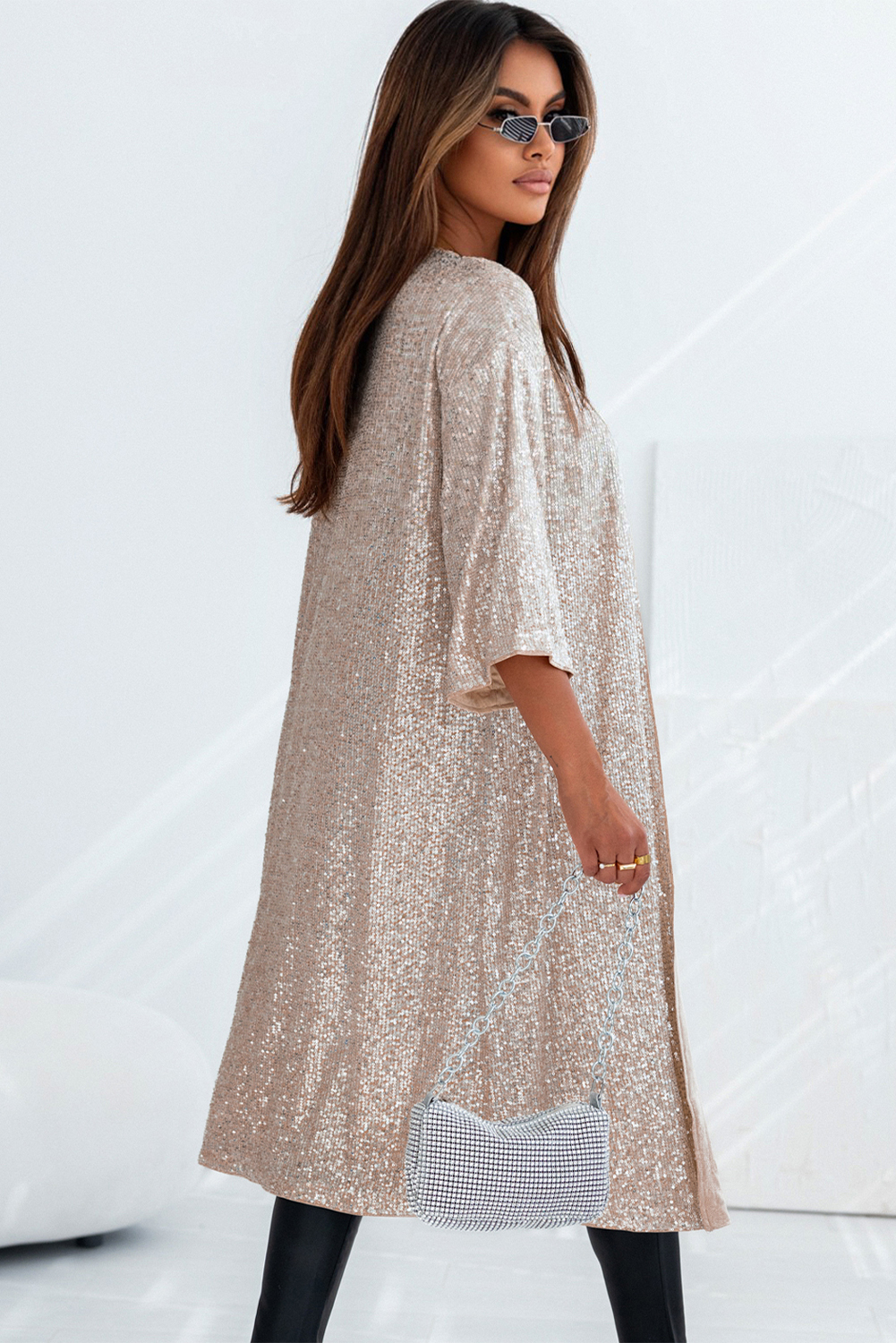 Apricot Sequin 3/4 Sleeve Open Front Duster Kimono view 6