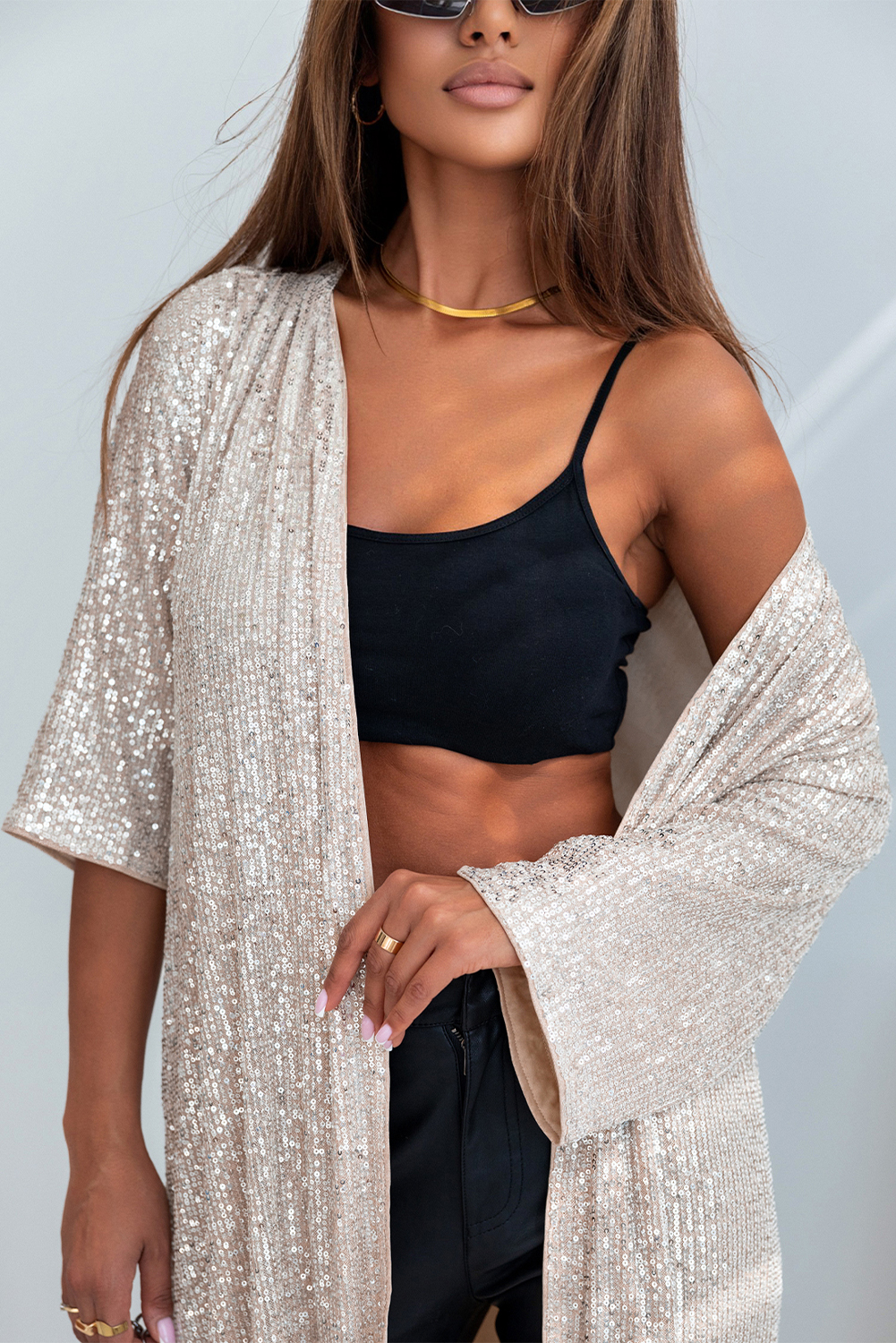 Apricot Sequin 3/4 Sleeve Open Front Duster Kimono view 8