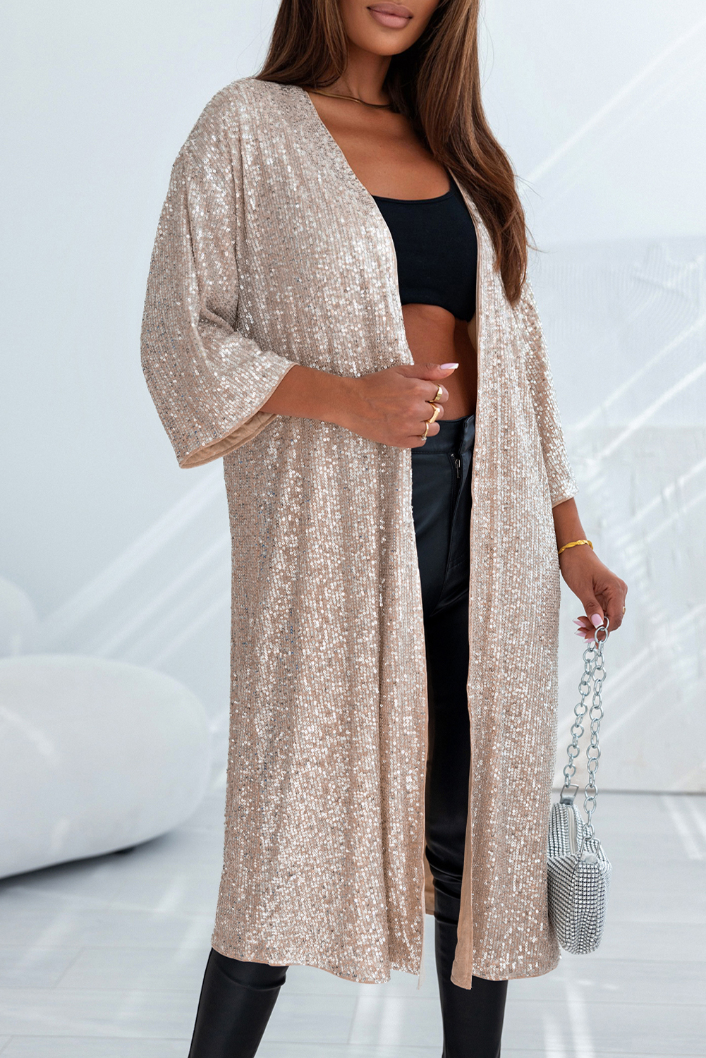 Apricot Sequin 3/4 Sleeve Open Front Duster Kimono view 5