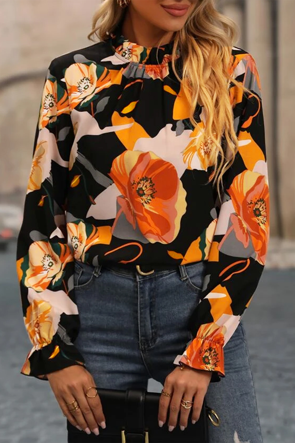 Floral Printed Mock Neck