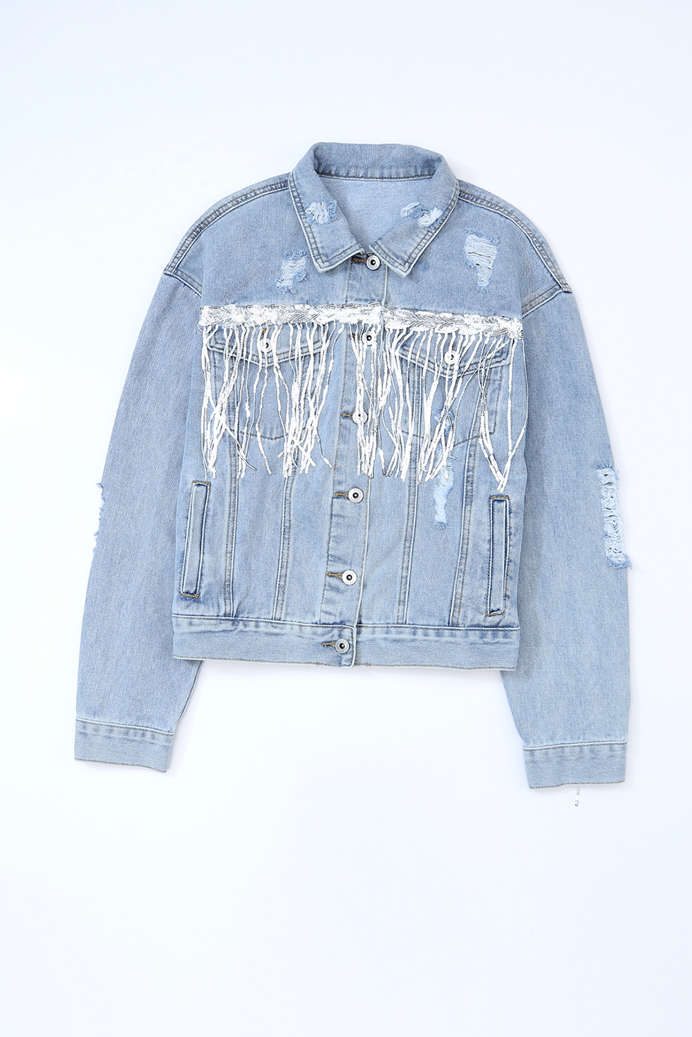 Sky Blue Sequin Embellished Fringe Distressed Denim Jacket view 12