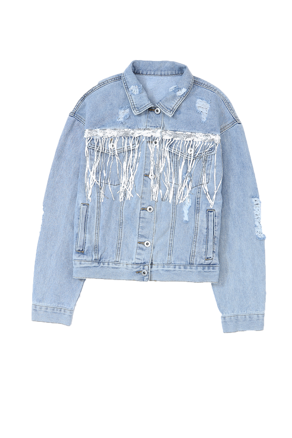 Sky Blue Sequin Embellished Fringe Distressed Denim Jacket view 24
