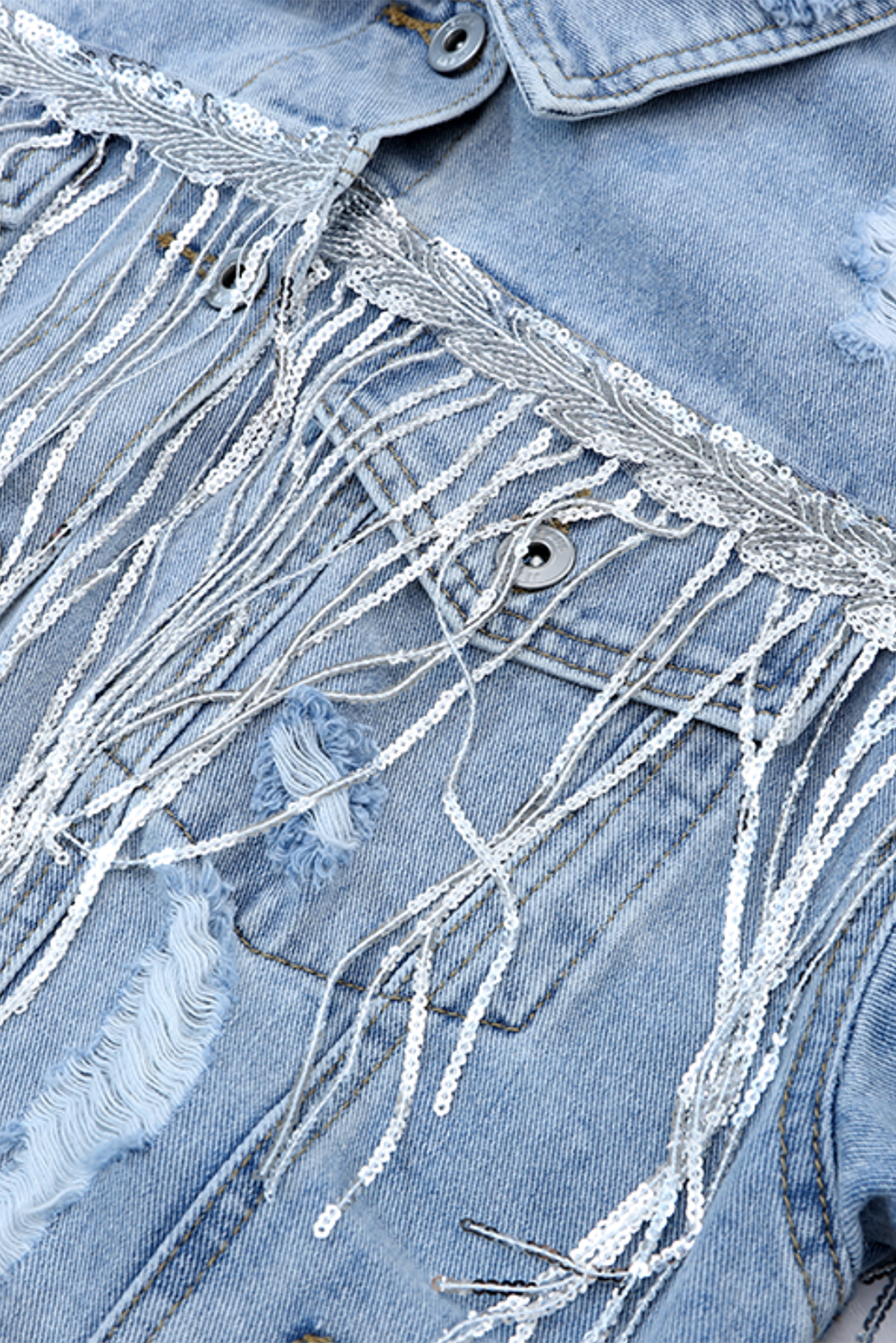 Sky Blue Sequin Embellished Fringe Distressed Denim Jacket view 15