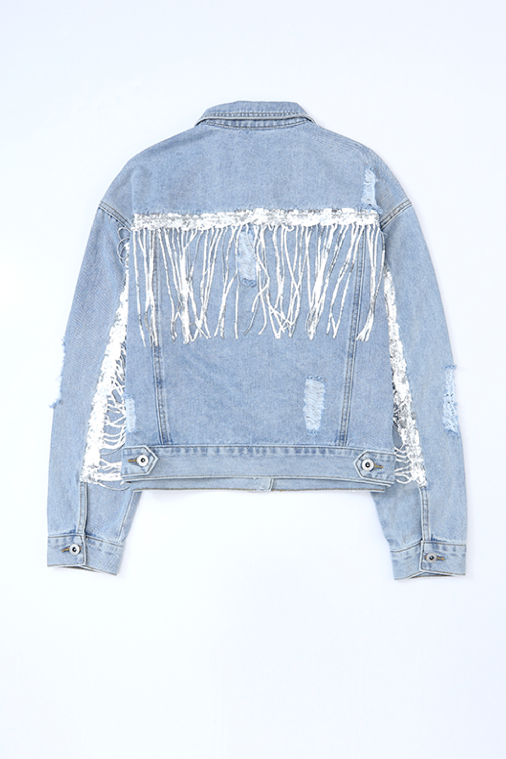 Sky Blue Sequin Embellished Fringe Distressed Denim Jacket view 13