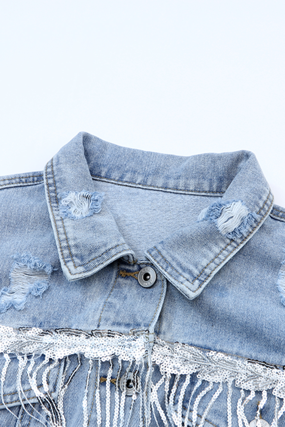 Sky Blue Sequin Embellished Fringe Distressed Denim Jacket view 14
