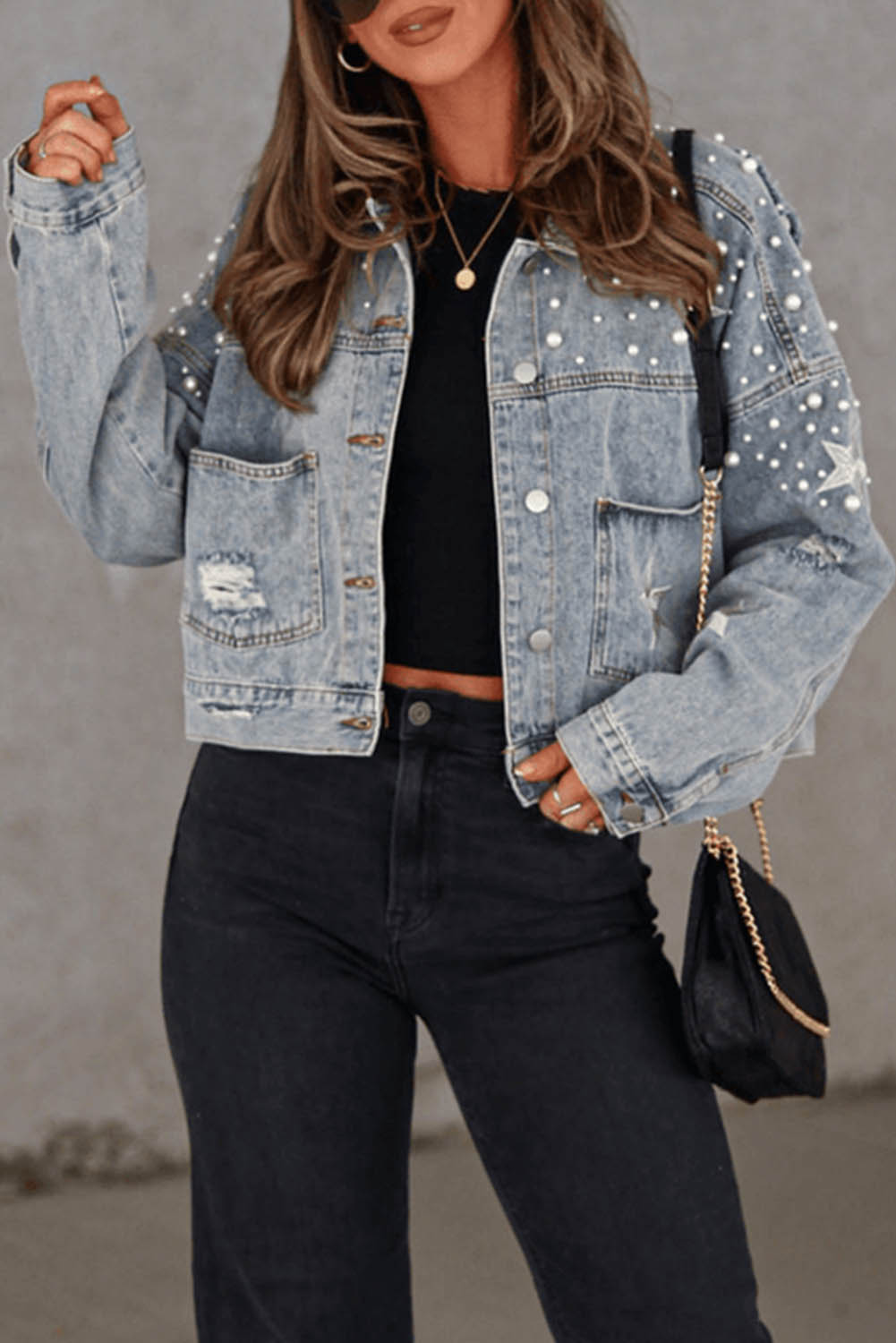 Sky Blue Pearl Beaded Chest Pockets Buttoned Denim Jacket